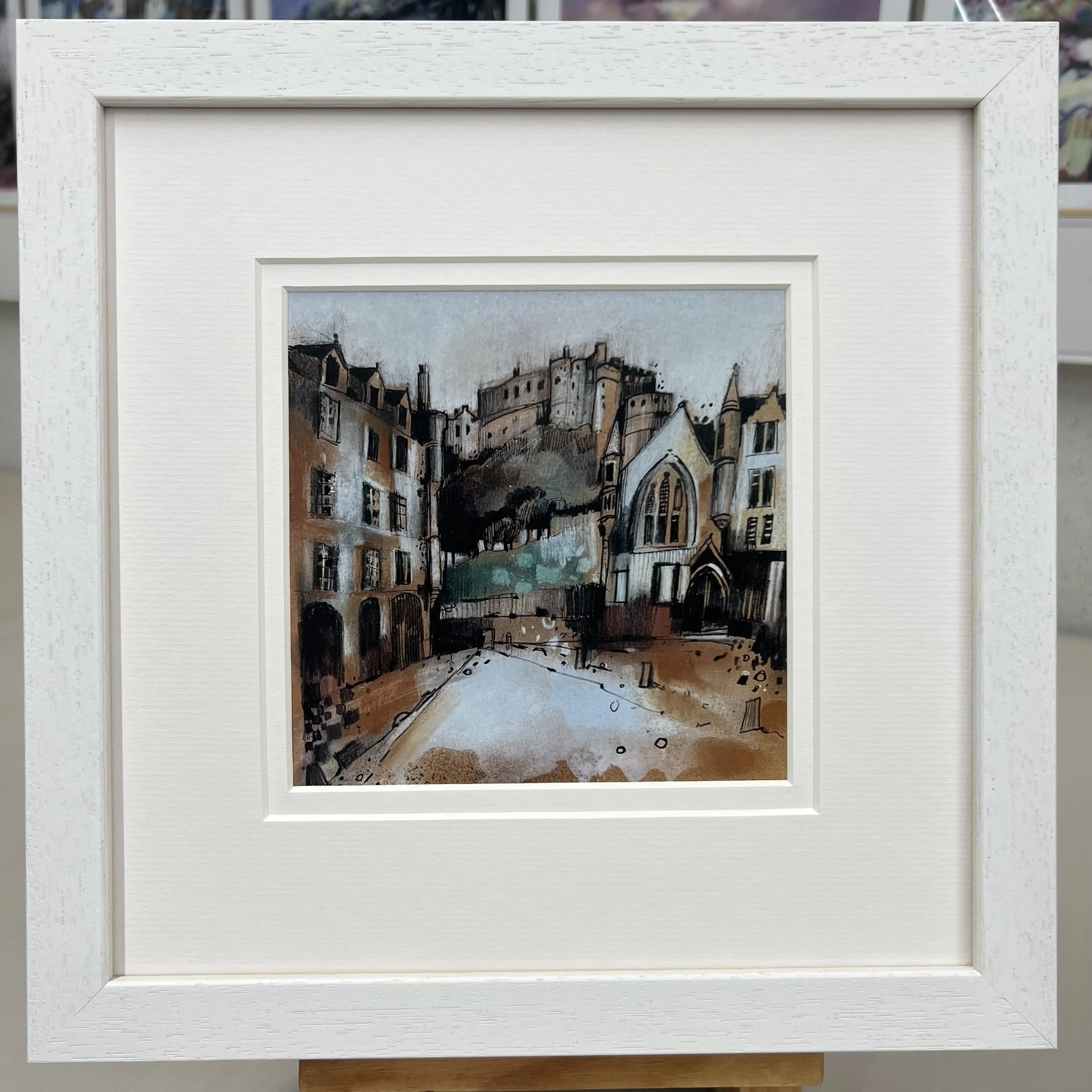 Framed Art Card Edinburgh Castle & Grassmarket by Scottish Landscape Artist Emma S Davis. White Frame Double Mount