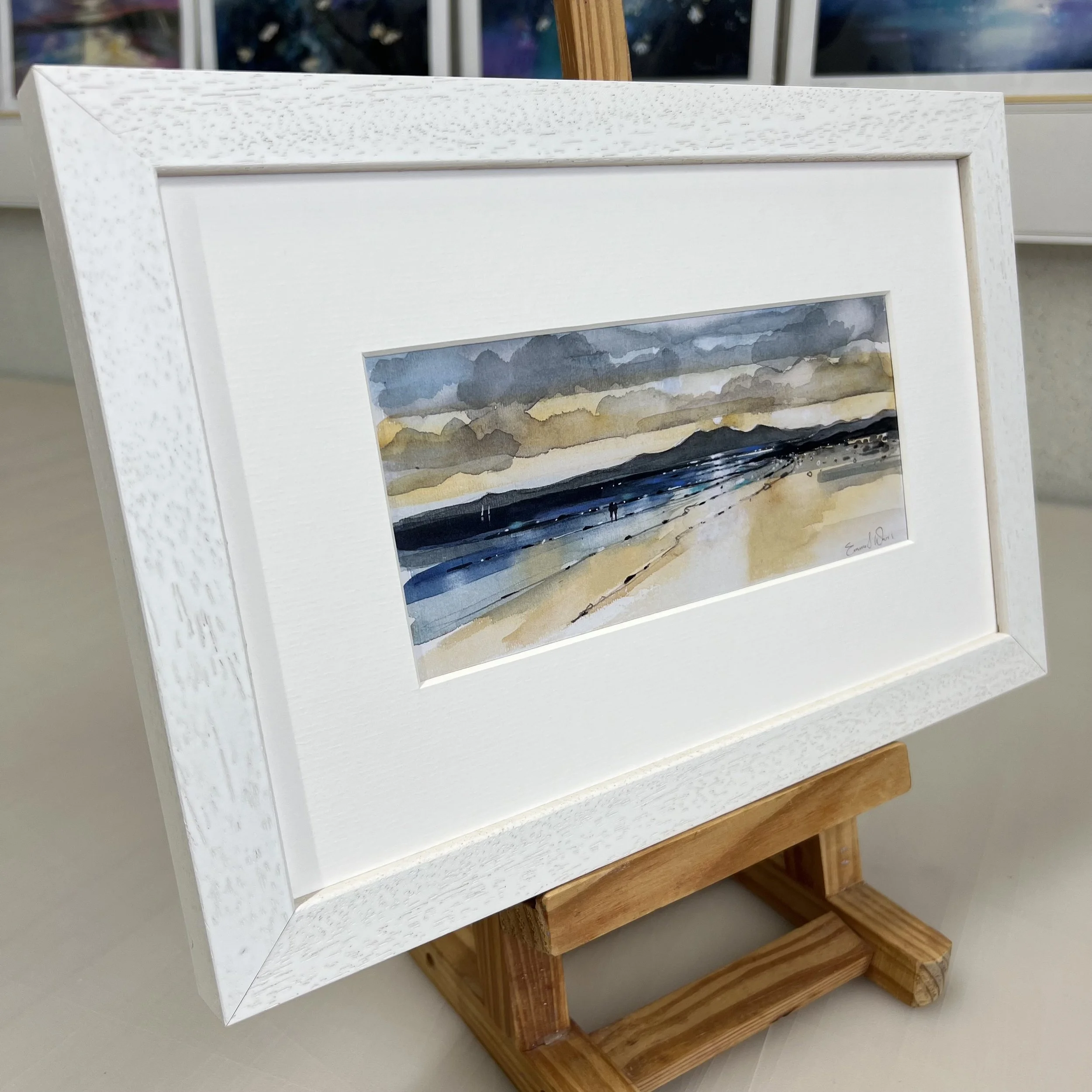 Sunset and Arran, Seamill - Framed Greetings Card by Emma S Davis Artist - white frame - angled view