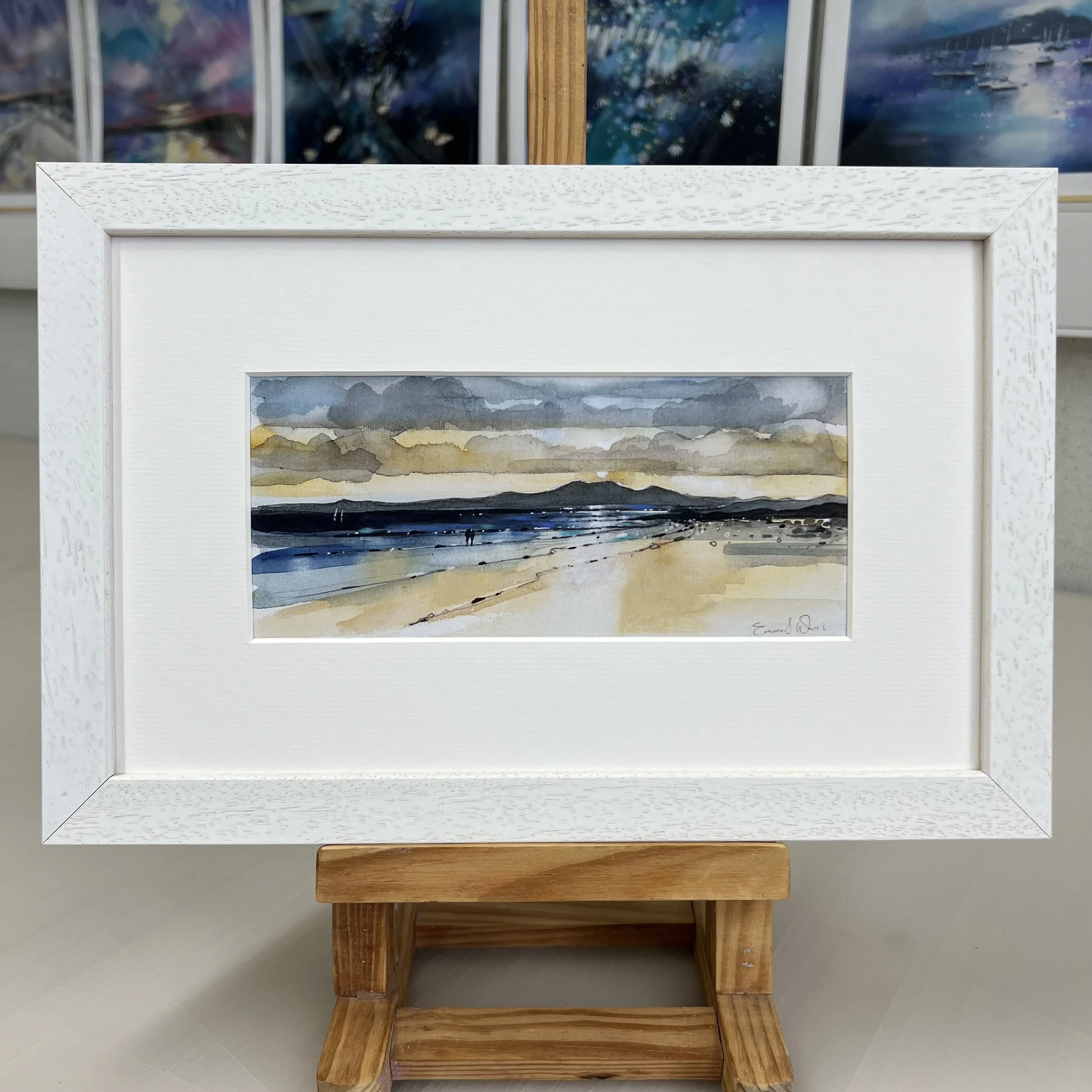 Sunset and Arran, Seamill - Framed Greetings Card by Emma S Davis Artist - white frame
