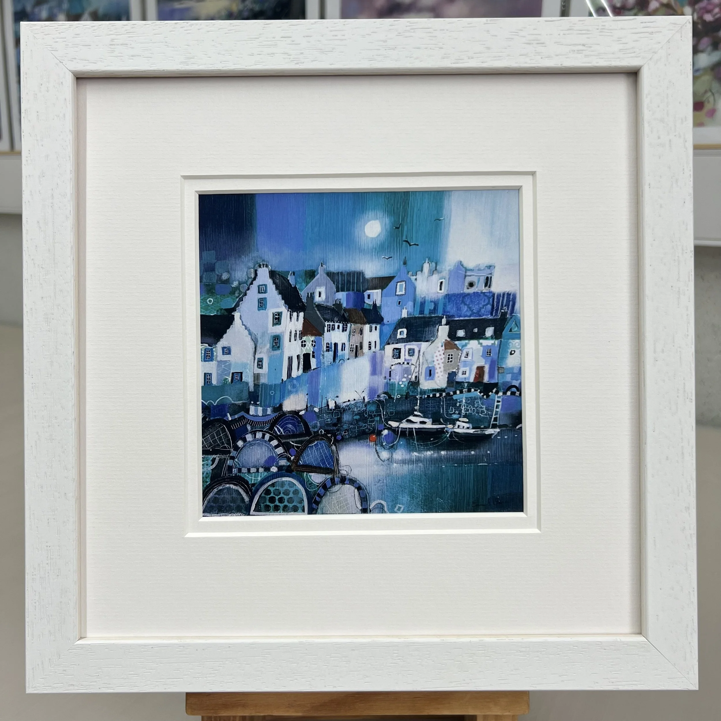 Framed Art Card Crail Harbour, East Neuk of Fife by Scottish Landscape Artist Emma S Davis. White Frame Double Mount