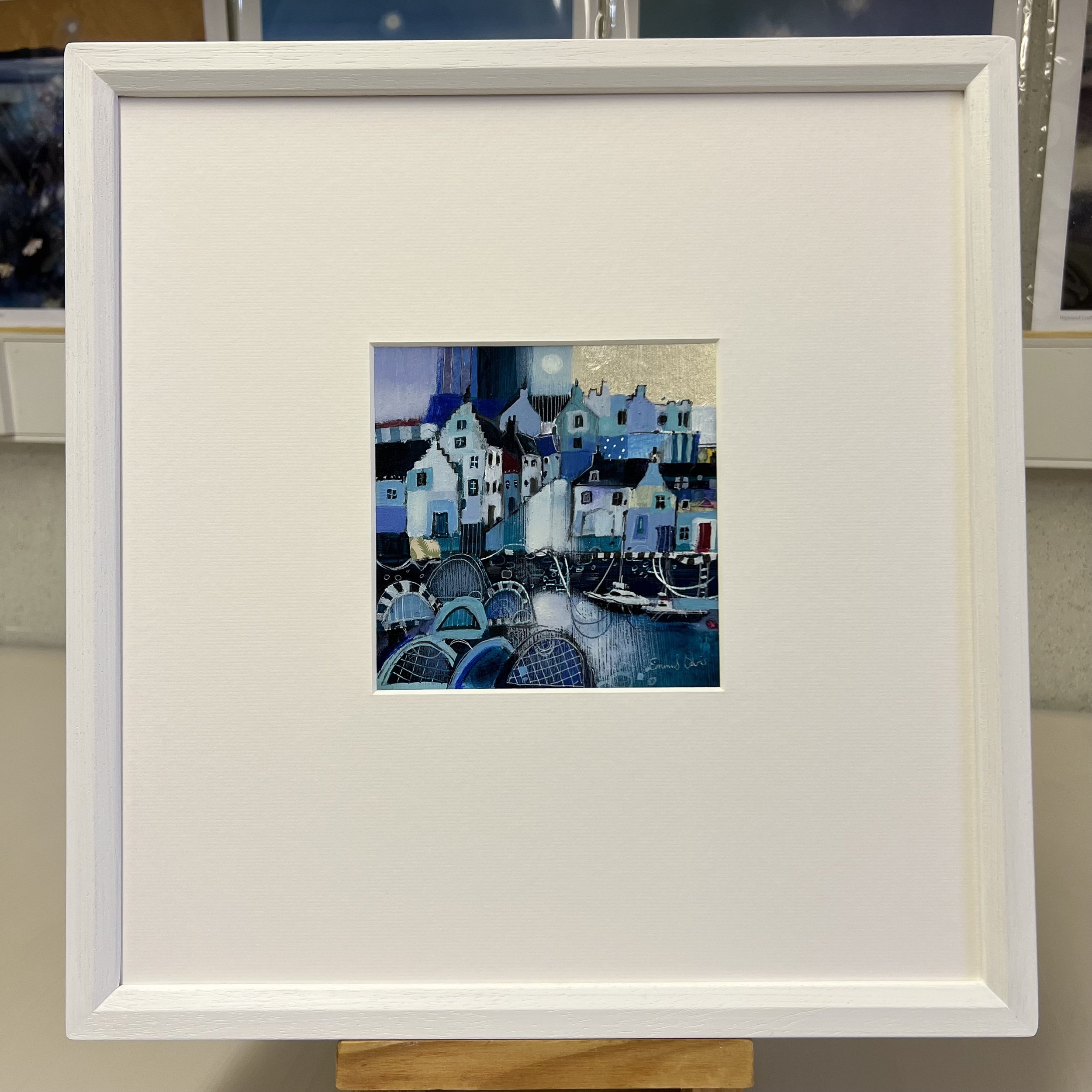 East Neuk of Fife's traditional fishing village harbour of Crail caught in time by Emma S Davis Artist's 'Moonlight Shimmers, Crail' original painting framed in white