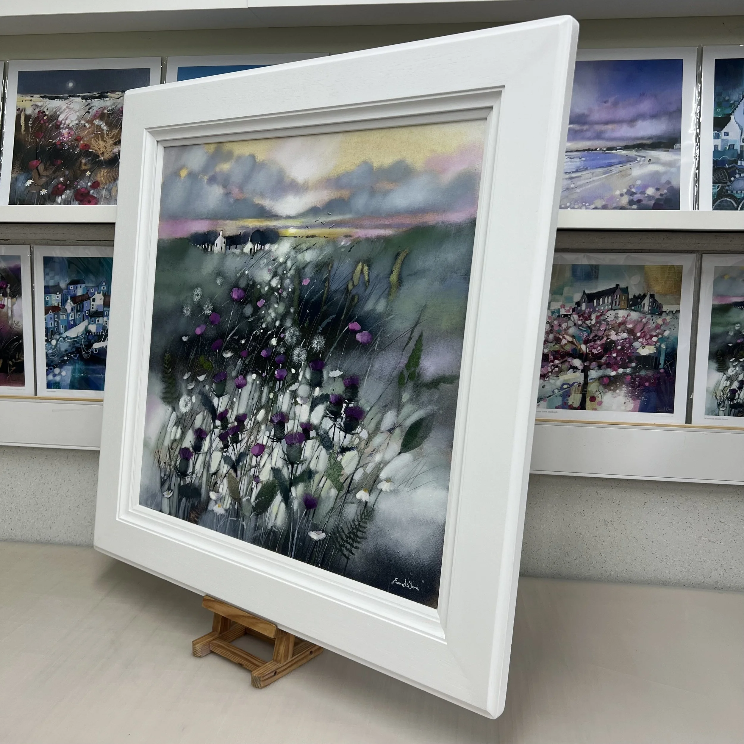 Original oil painting of Scottish thistles and wildflowers surrounding a Highland croft at sunset by Scottish artist Emma S Davis. Alternate view.