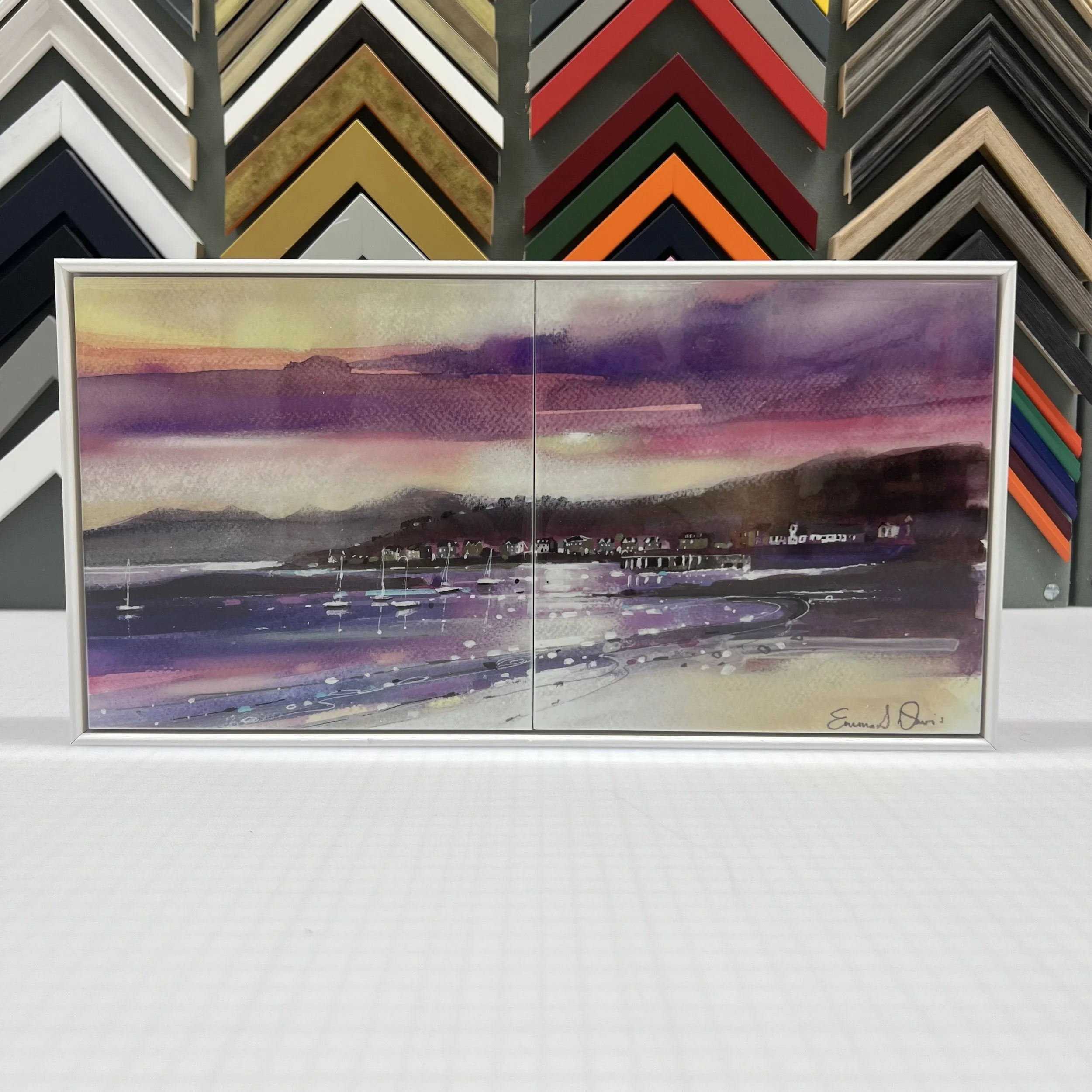 Art Print of Arran View Ceramic Tile of Millport West Bay Cumbrae by Scottish Landscape Artist Emma S Davis. Front view.