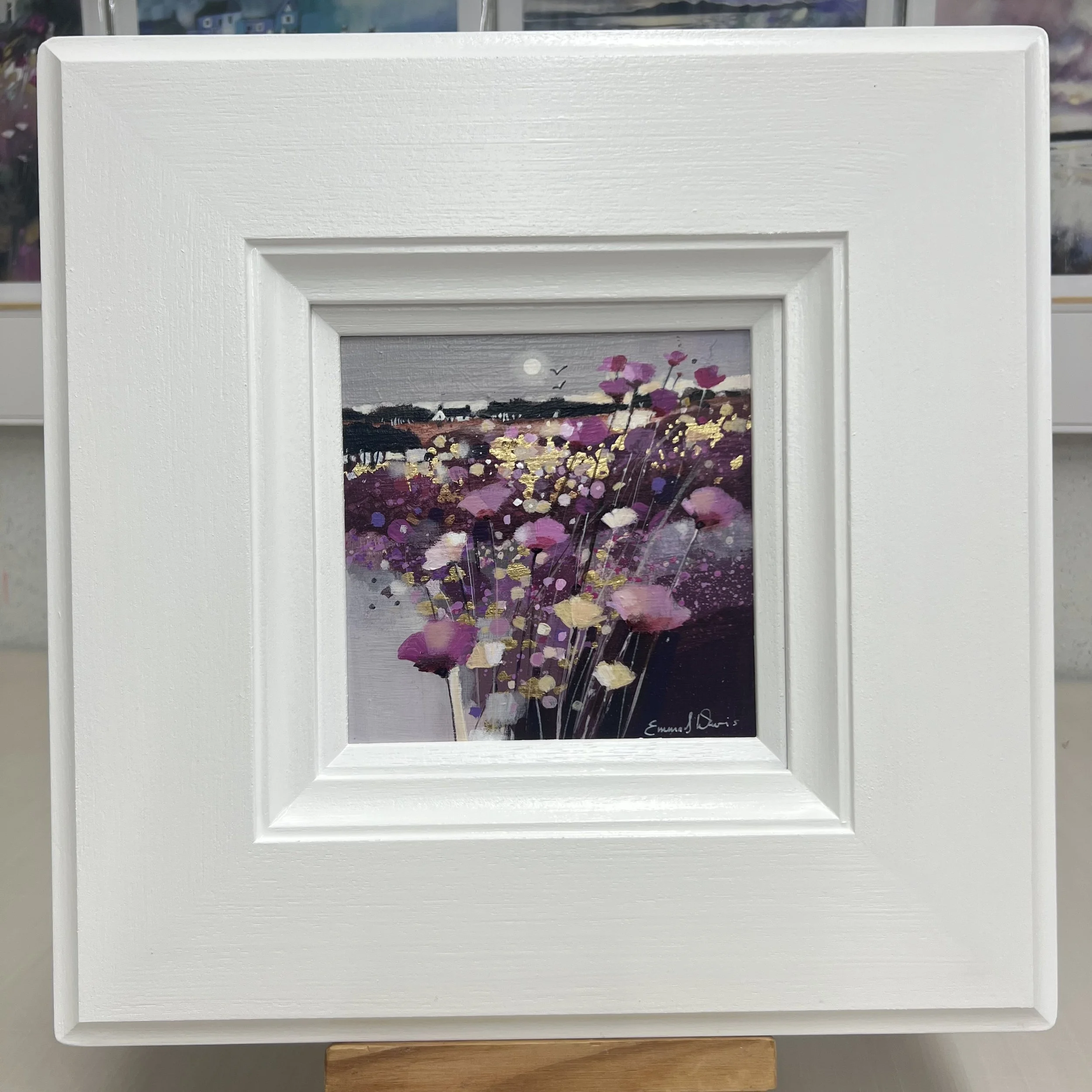 Autumn Breeze original Scottish landscape painting with gold leaf by Emma S Davis. Framed view.