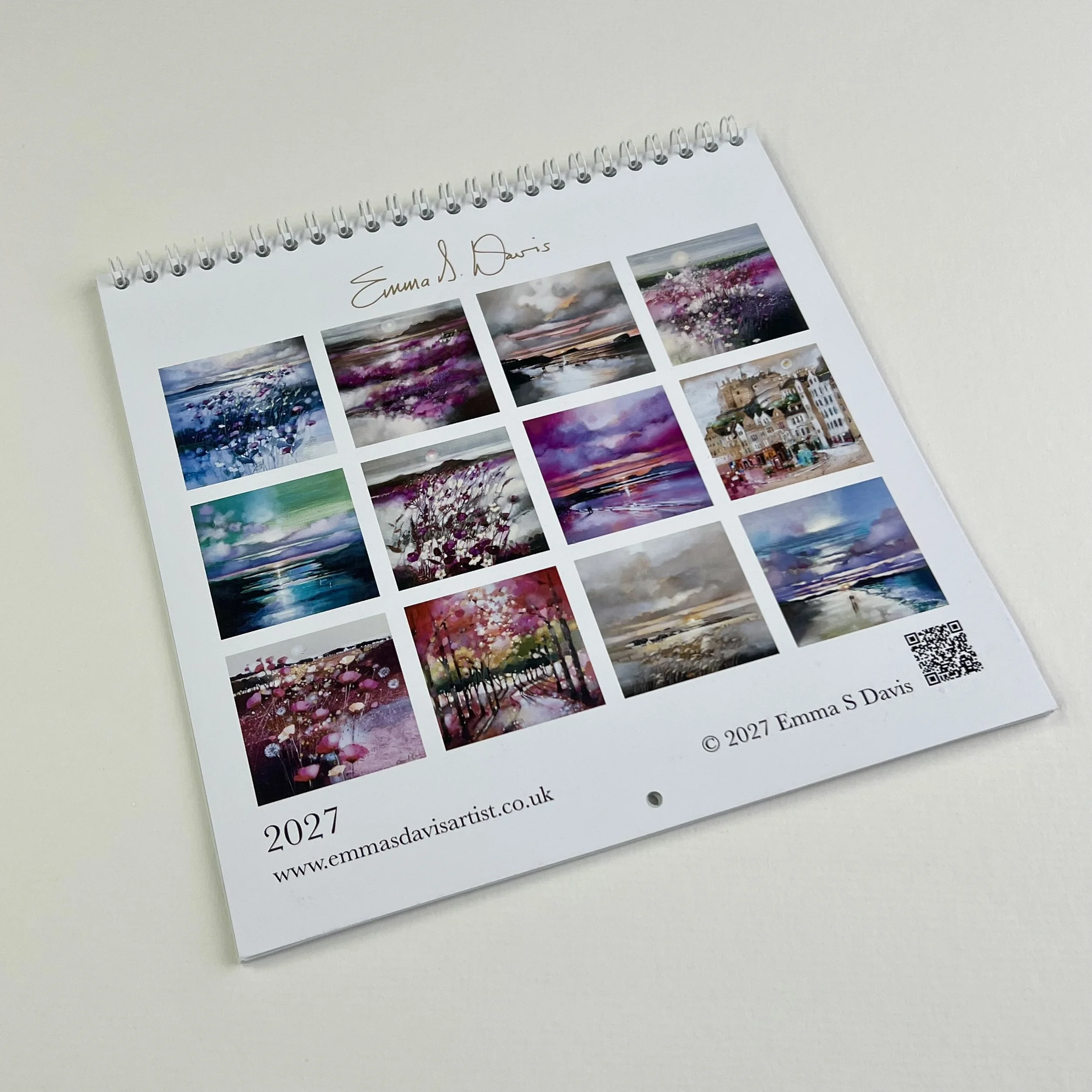 Back cover of Emma S Davis's 2027 Scottish Landscapes Calendar displaying all twelve paintings