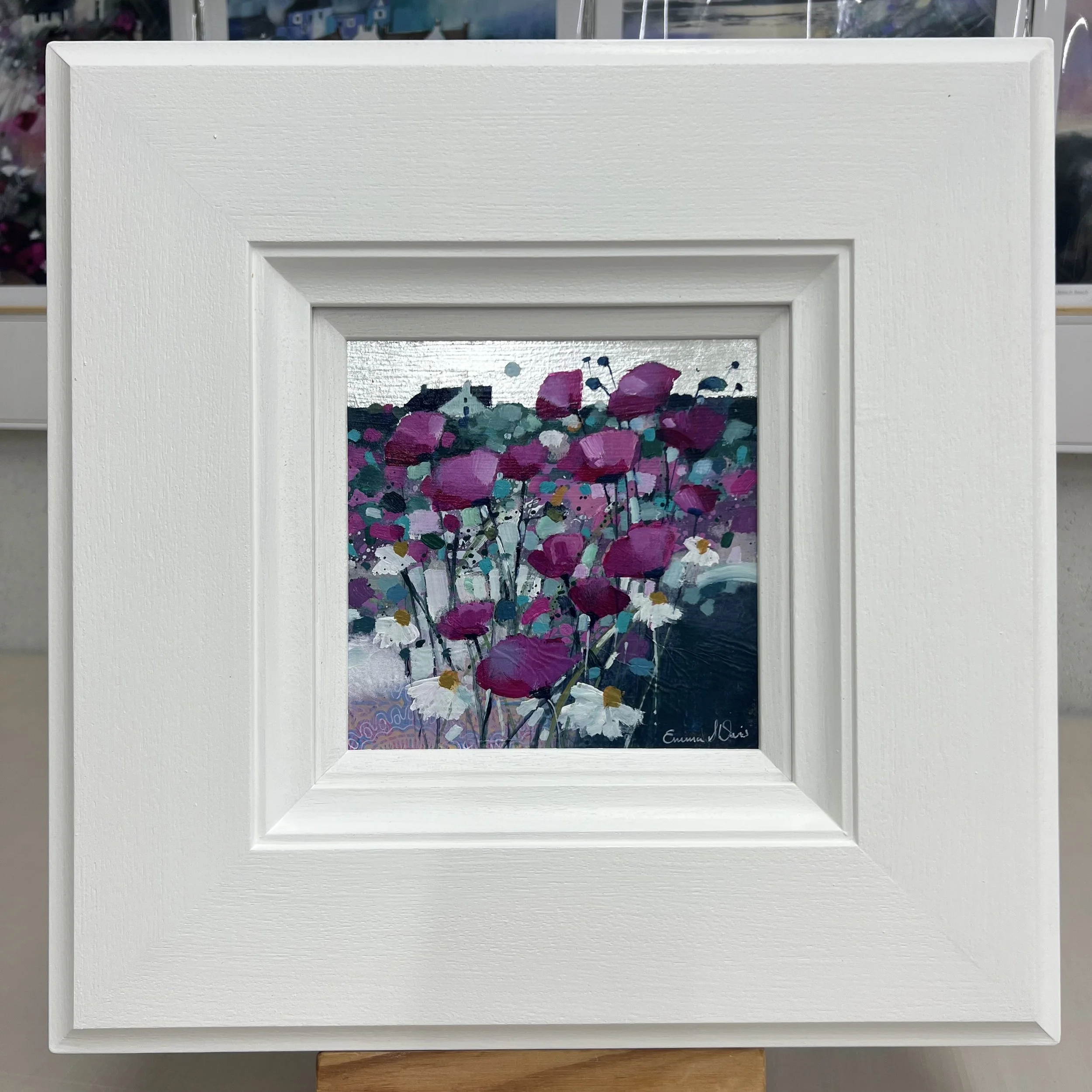 Original oil painting of two birds beneath a moonlit Scottish landscape by Scottish artist Emma S Davis. Framed view.