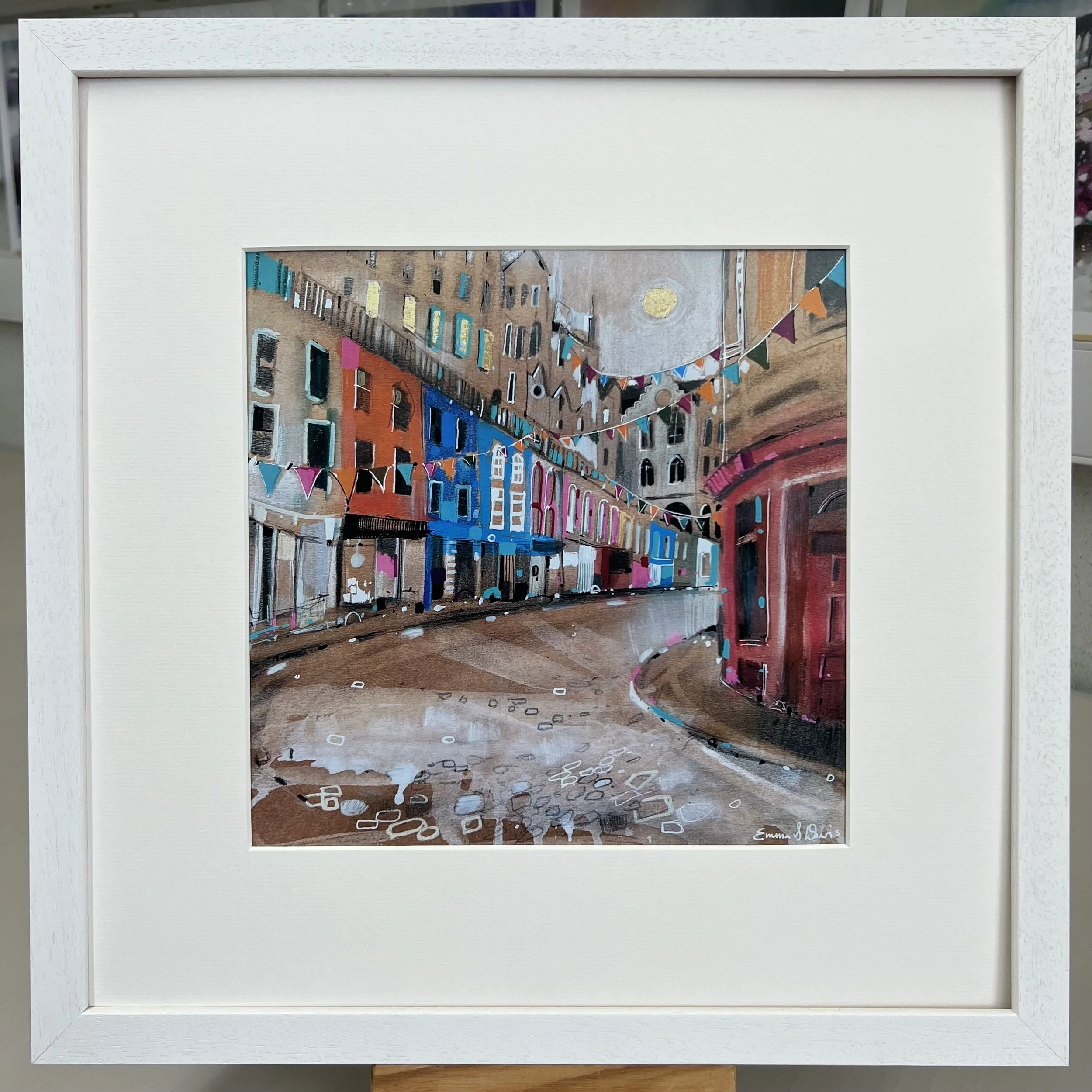 Bunting Victoria Street Edinburgh art print featuring the famous curved cobbled street in Edinburgh, Scotland. Framed white option.