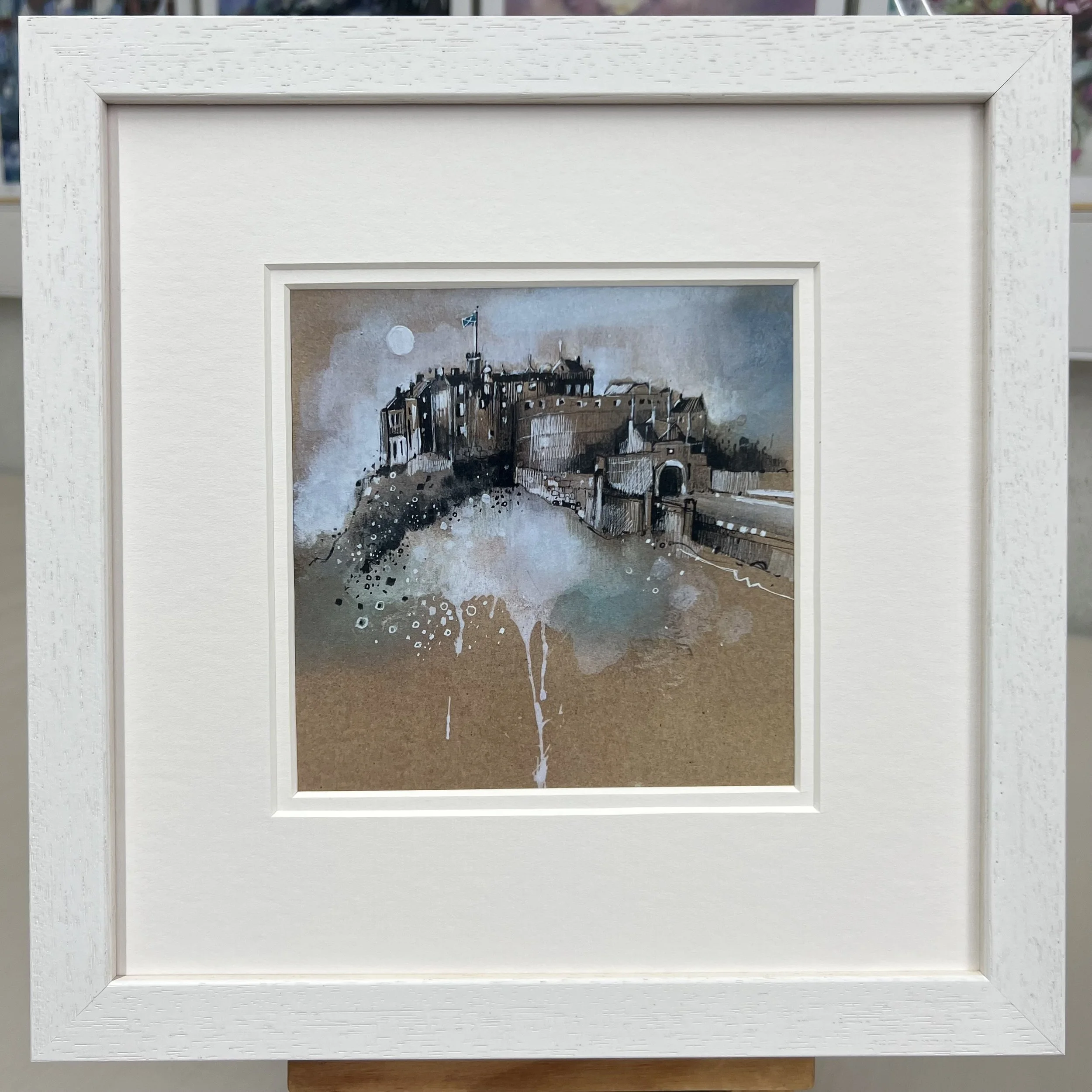 Framed Art Card Edinburgh Castle & Saltire Flag by Scottish Landscape Artist Emma S Davis. White Frame Double Mount
