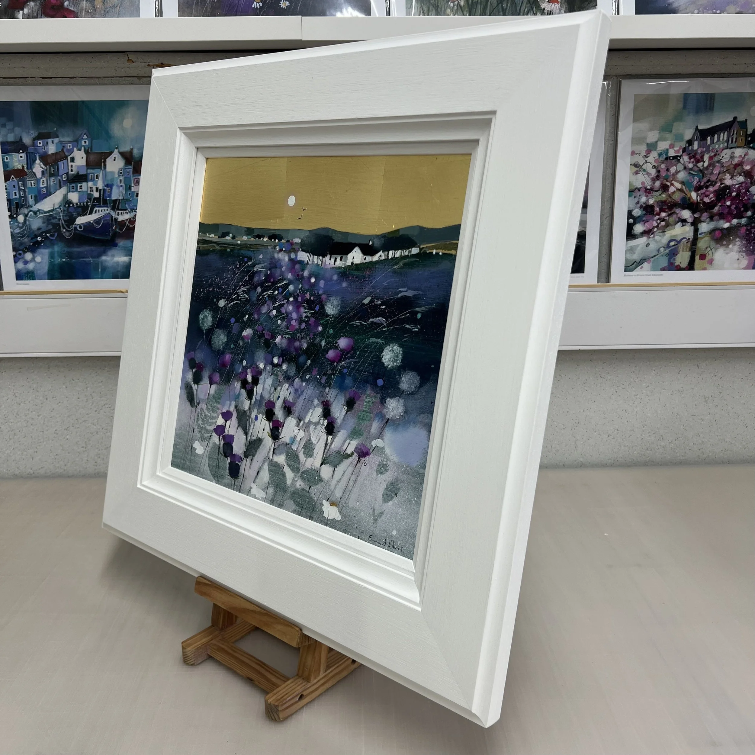 Original oil painting with gold leaf of Highland crofts, purple thistles, wildflowers and dandelion clocks in the Scottish Highlands by Scottish artist Emma S Davis. Alternate view.
