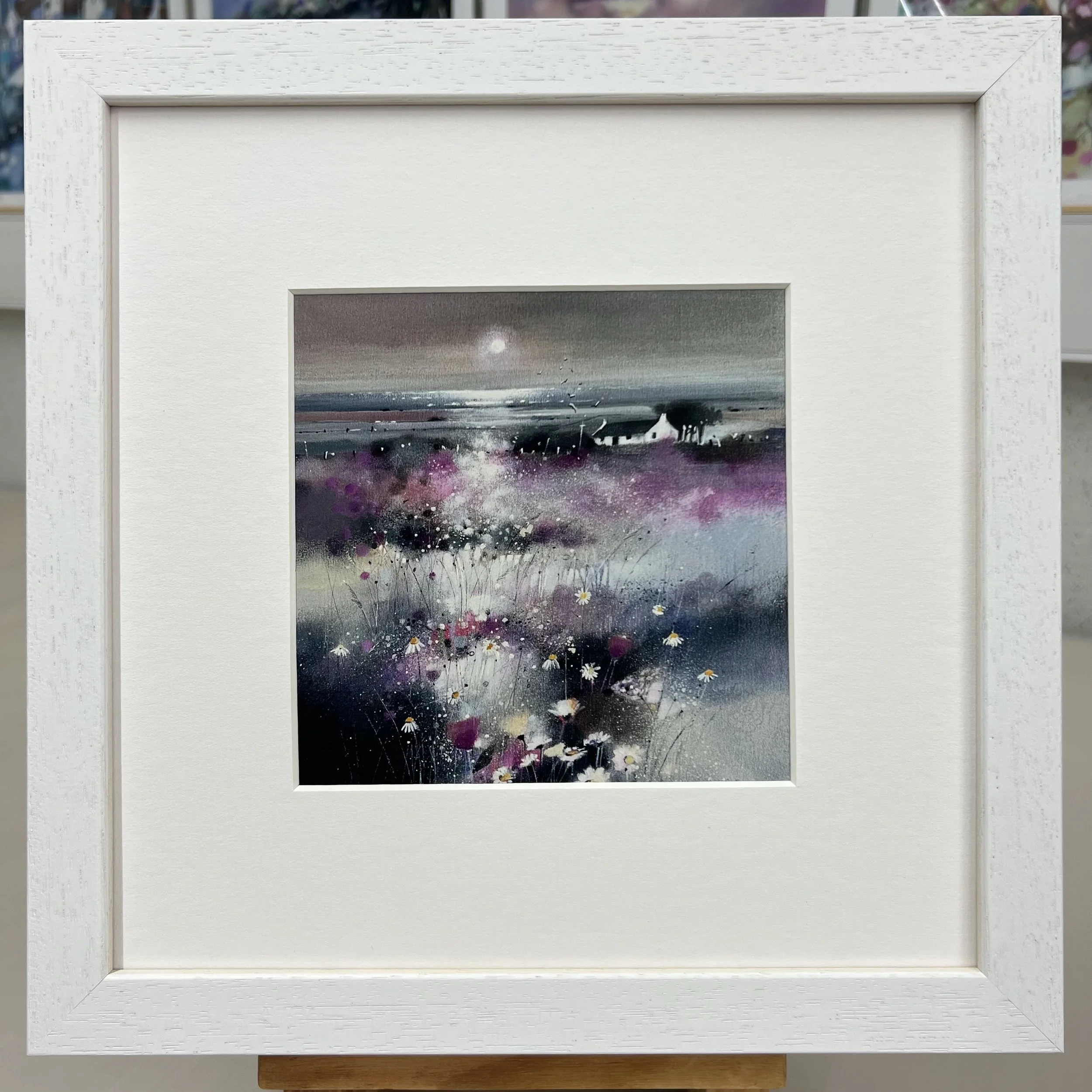 Highland Croft Scottish landscape framed white art card featuring a traditional croft surrounded by Highland scenery by Emma S Davis Artist. Single mount version.