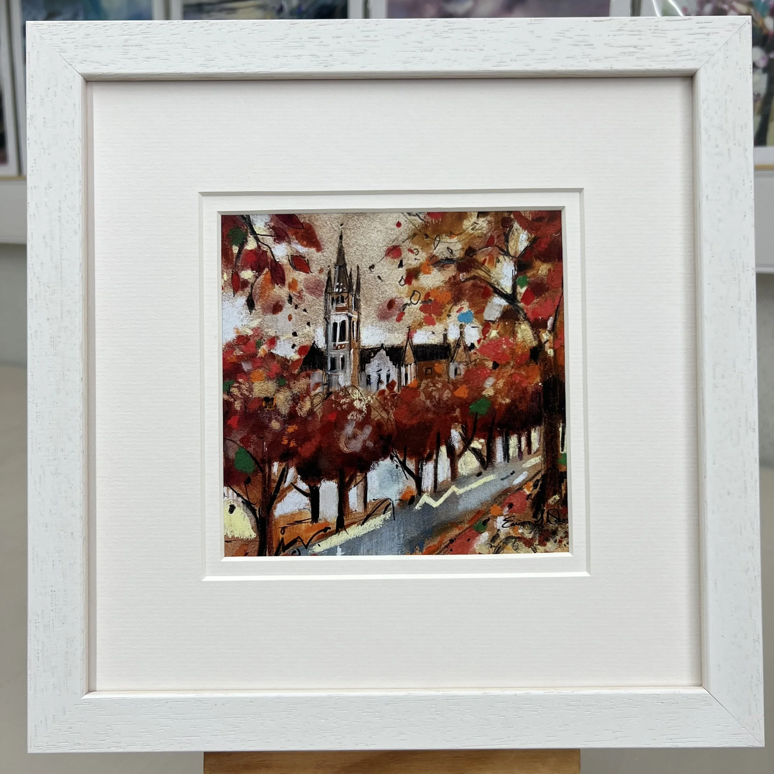 Framed Art Card Glasgow University in Autumn by Scottish Landscape Artist Emma S Davis. White Frame Double Mount