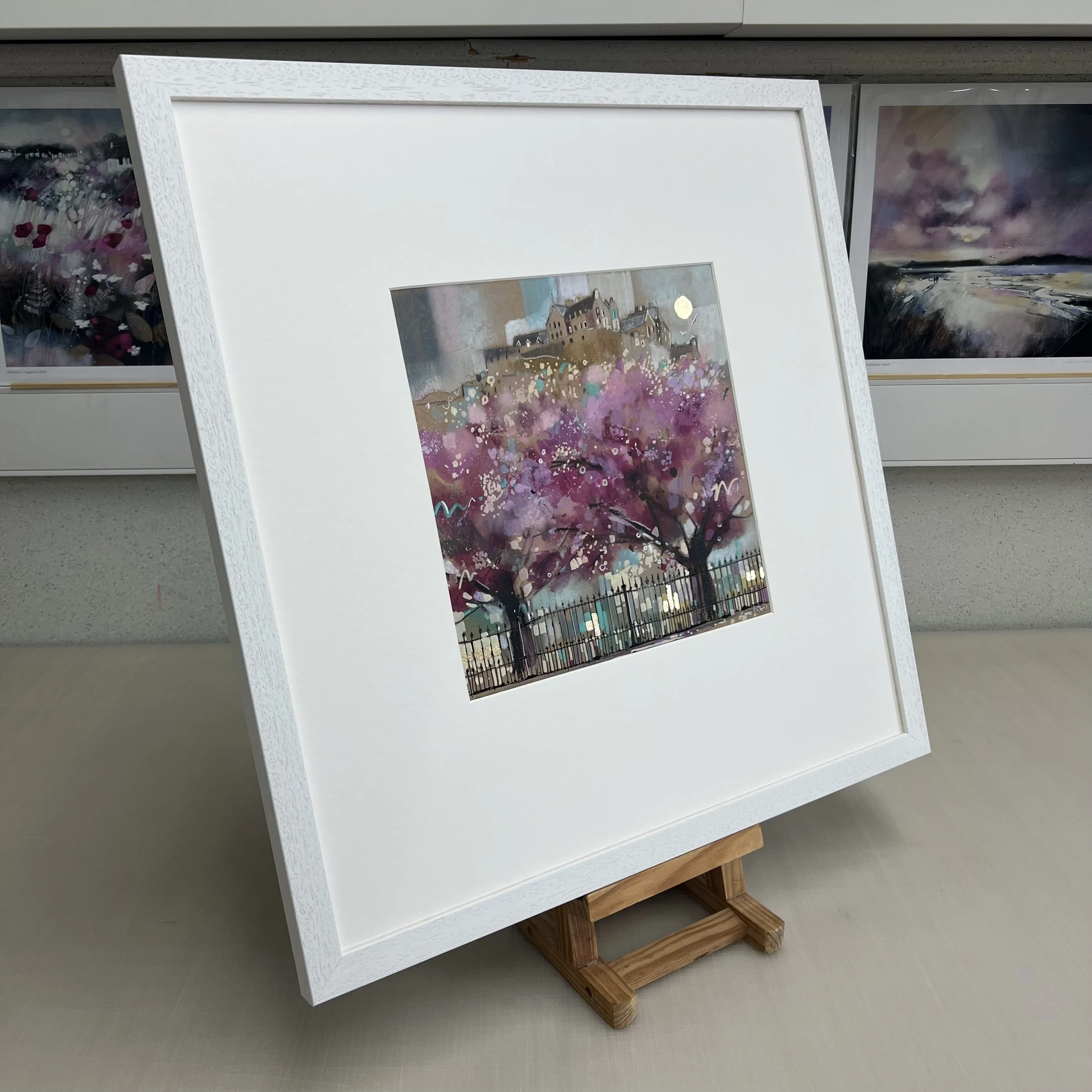 Edinburgh in Bloom by Emma S Davis – original mixed media artwork of Edinburgh Castle overlooking blossom trees in Princes Street Gardens. Side view.