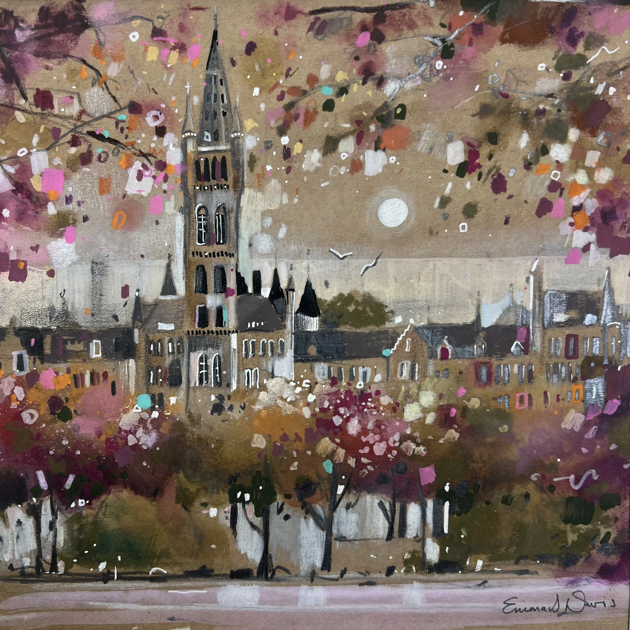 Original painting of Glasgow University featuring the Gilbert Scott Building by Emma S Davis