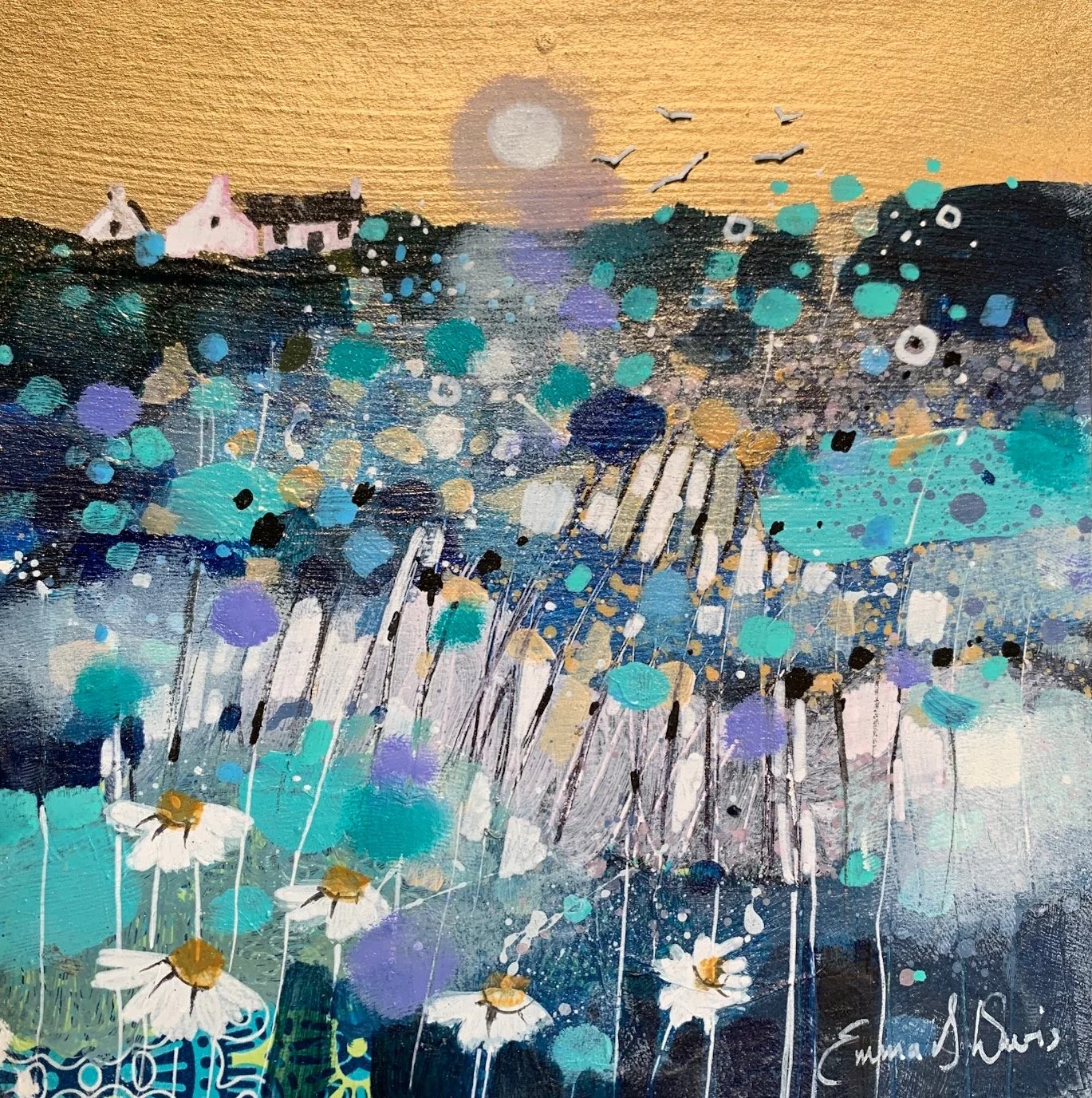 Colourful wildflowers lit up by the golden moonlit sky in this original oil landscape painting by Emma S Davis Artist