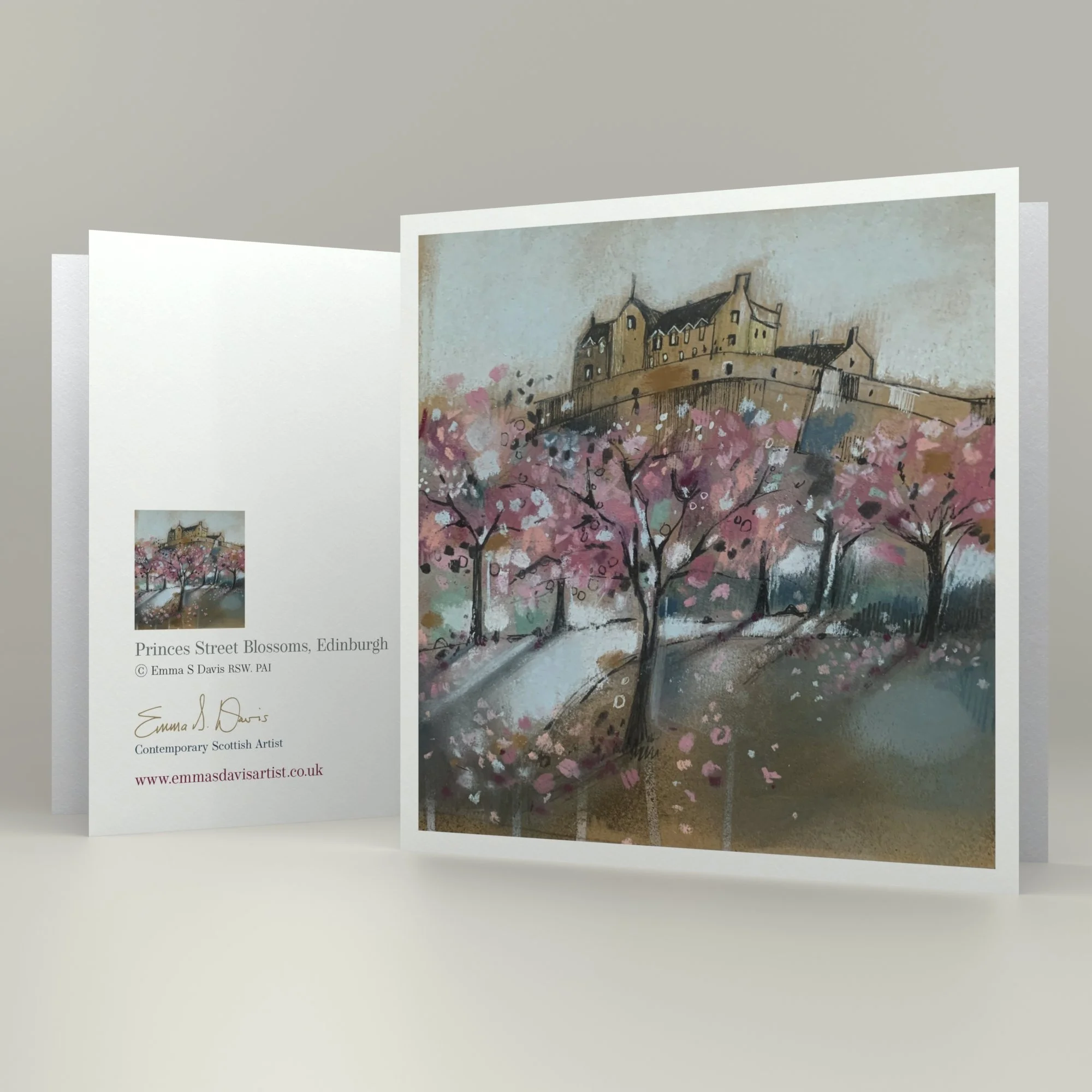 Framed card 'Princes Street Blossoms' Edinburgh Castle by Emma S Davis Artist showing card detail