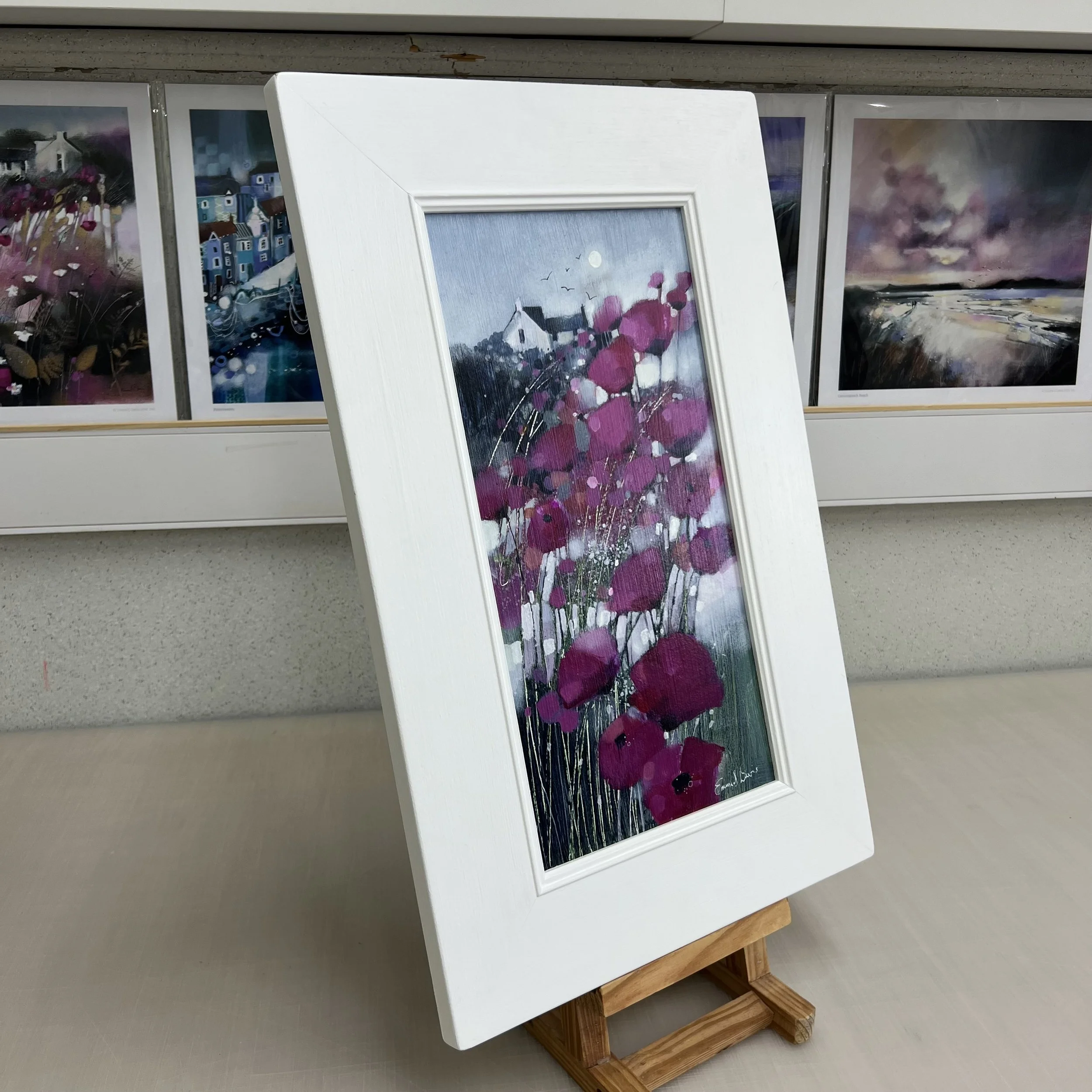 Framed original poppy landscape painting To the Moon and Then Some by Emma S Davis. Side view.