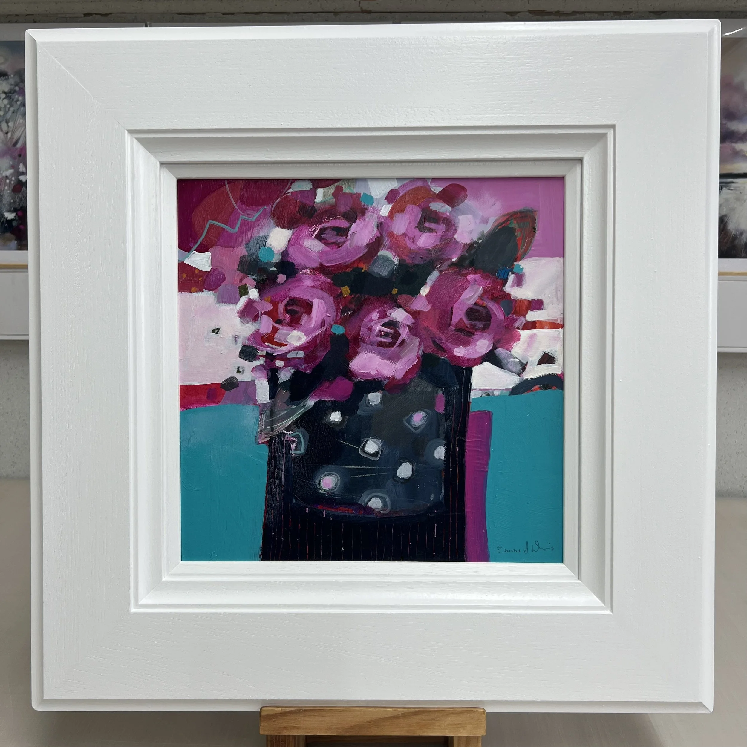 Original painting of bright pink roses titled For You by Emma S Davis. Framed view.