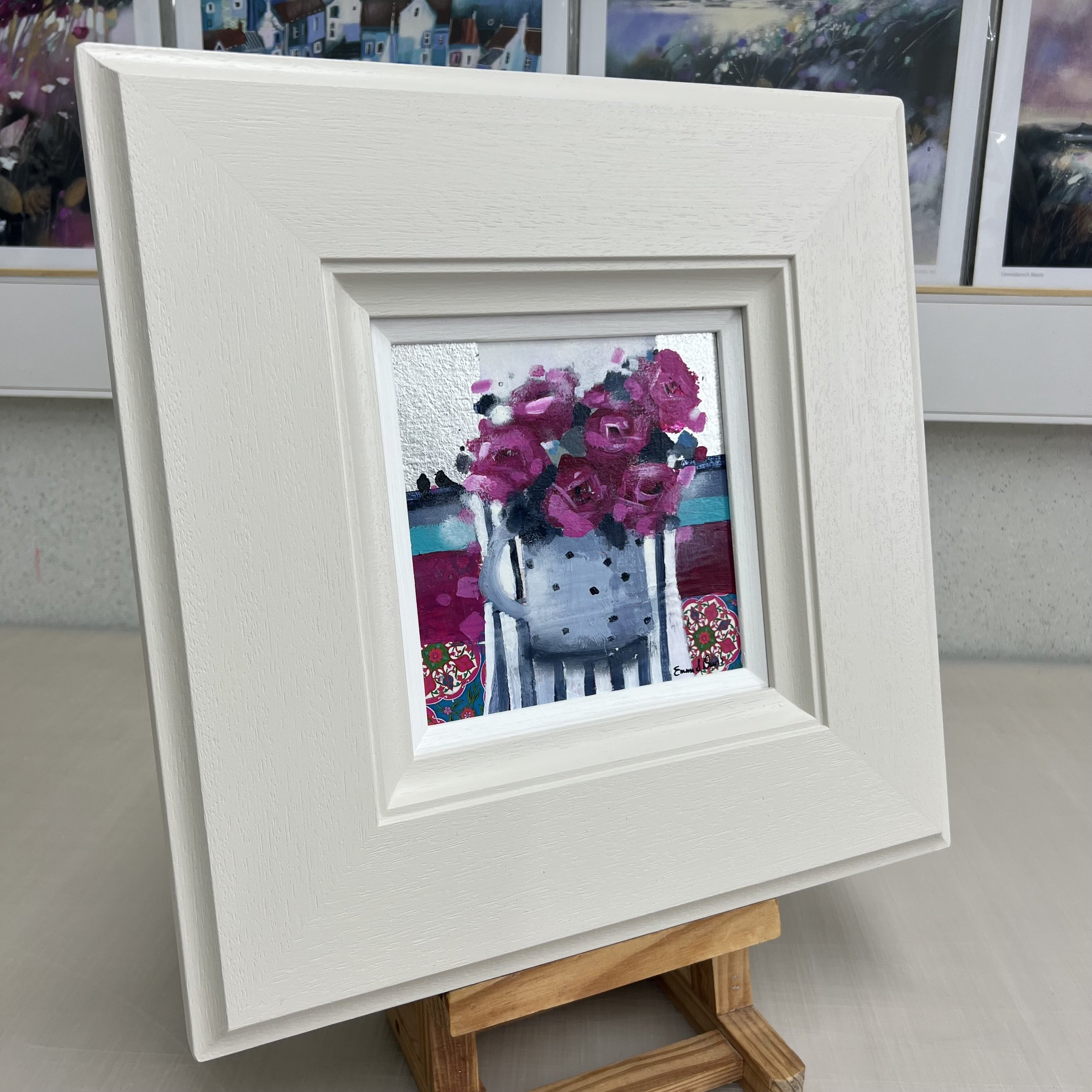 Framed original bright pink rose painting Forever My Love by Emma S Davis. Side view.