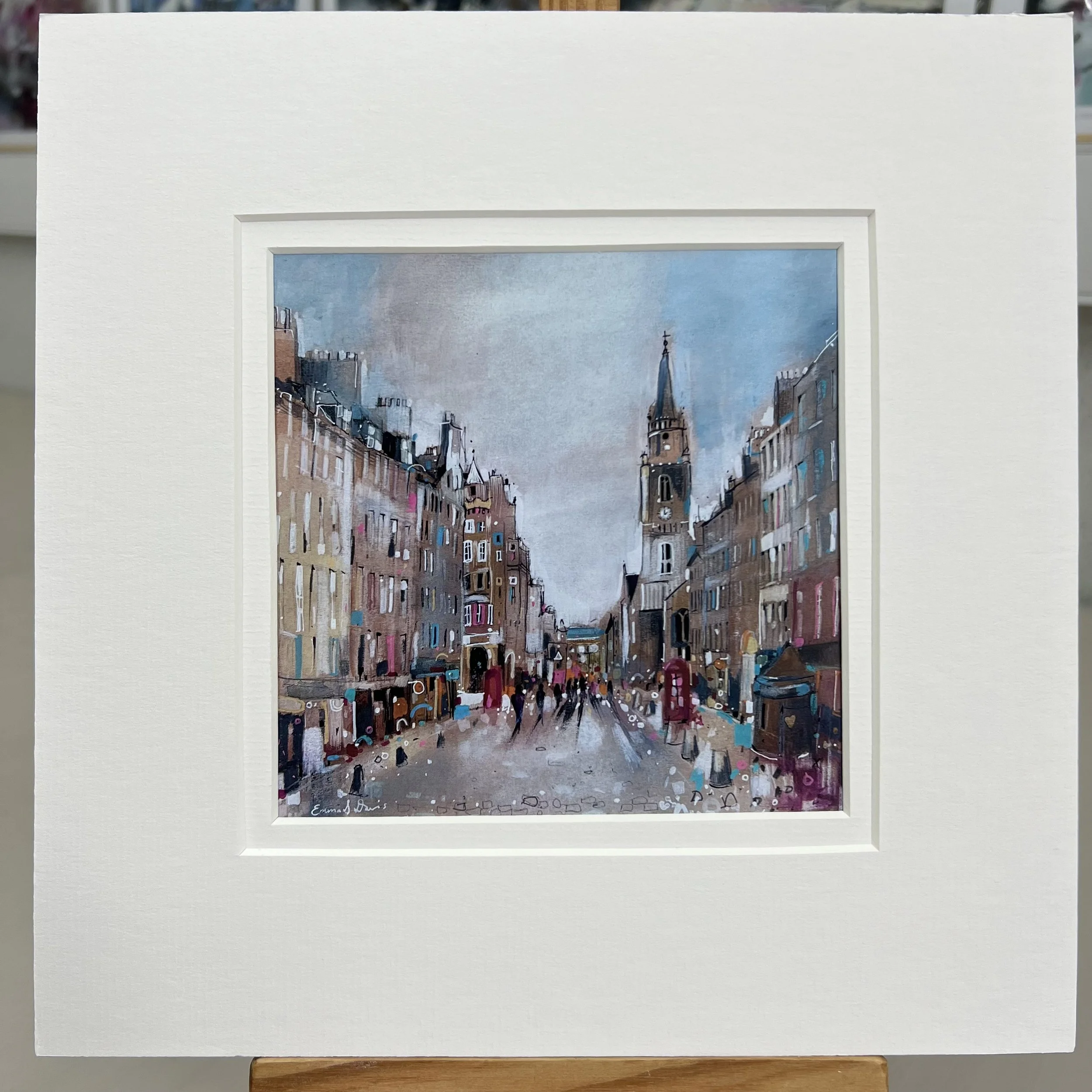 Royal Mile Edinburgh artwork featuring one of Edinburgh’s most famous historic streets in Scotland by Emma S Davis Artist. Mounted option.