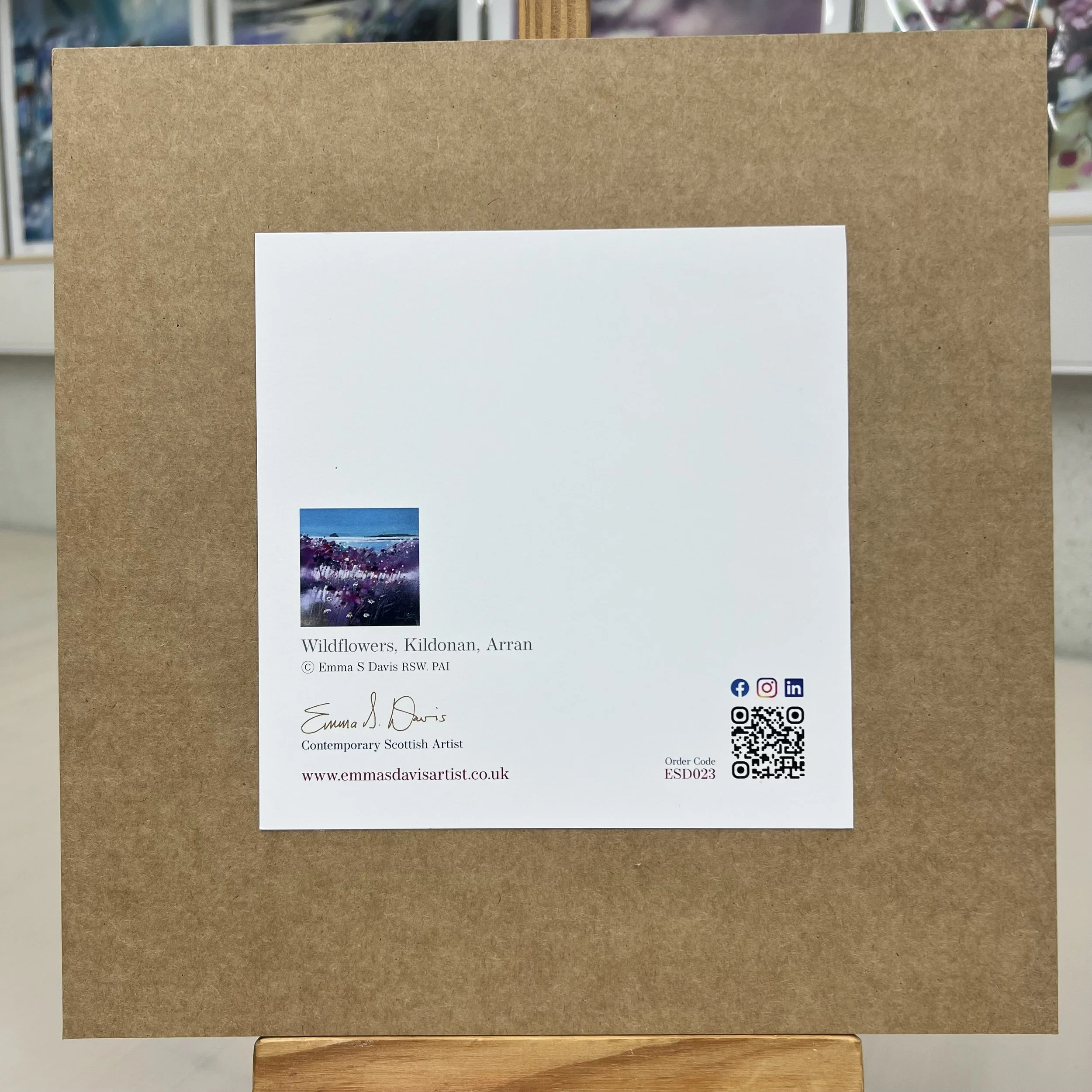 Greetings Card Arran, Kildonan, Ailsa Craig by Scottish Landscape Artist Emma S Davis. Mounted option rear view.