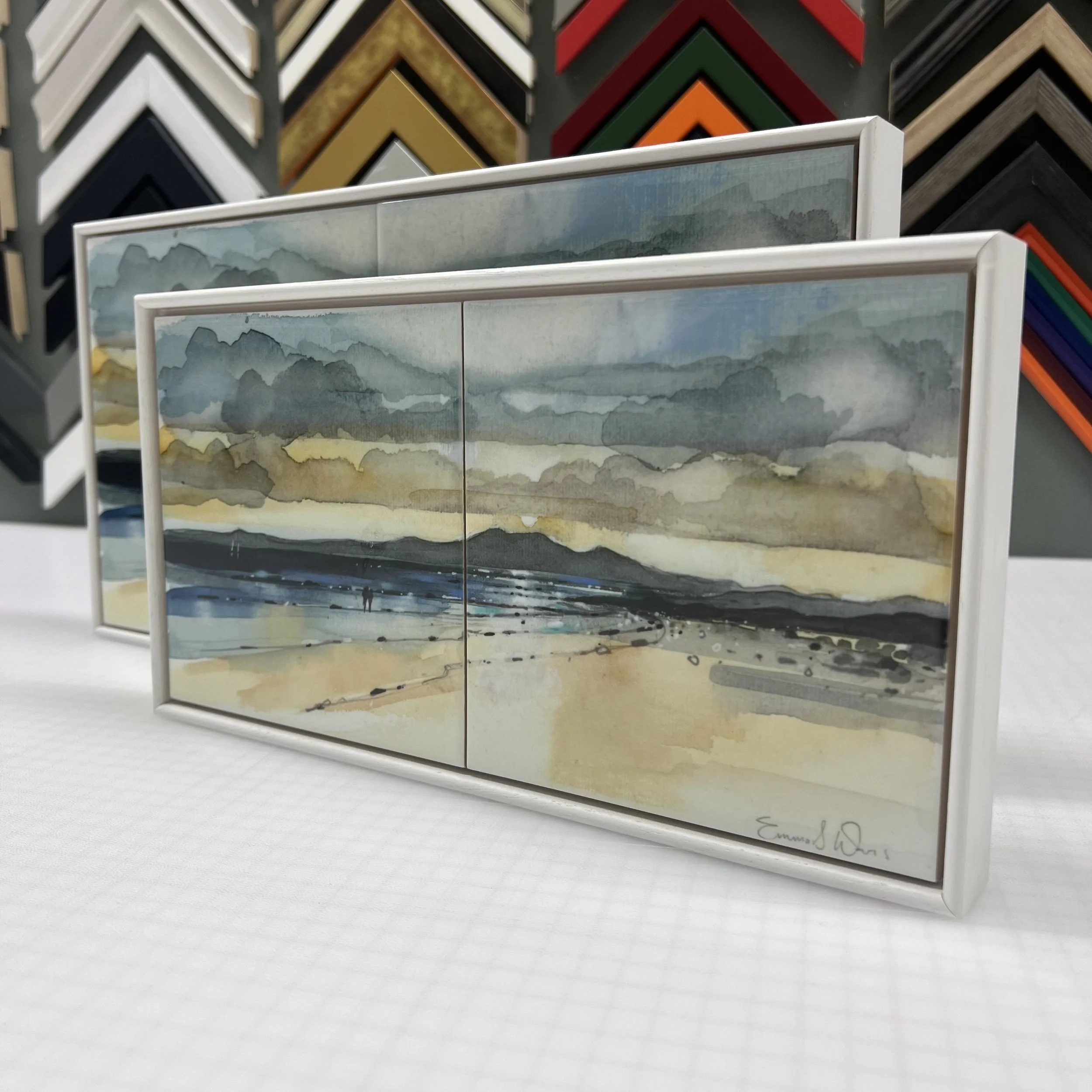 Art Print Framed Ceramic Tile of Sunset and Arran, Seamill by Scottish Landscape Artist Emma S Davis. 2 size options.