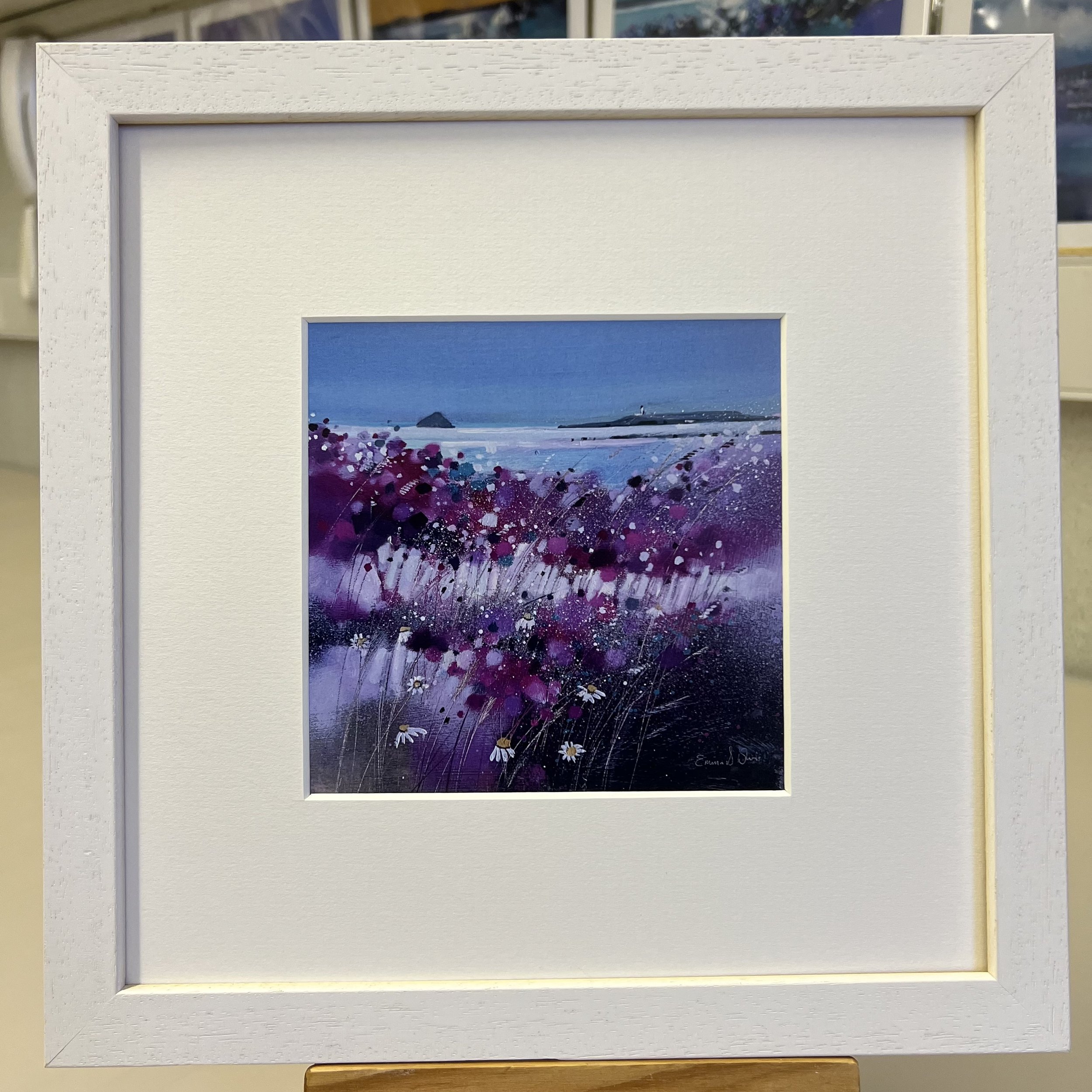 'Wildflowers, Kildonan, Arran' framed art card by Emma S Davis Scottish landscape artist framed in white
