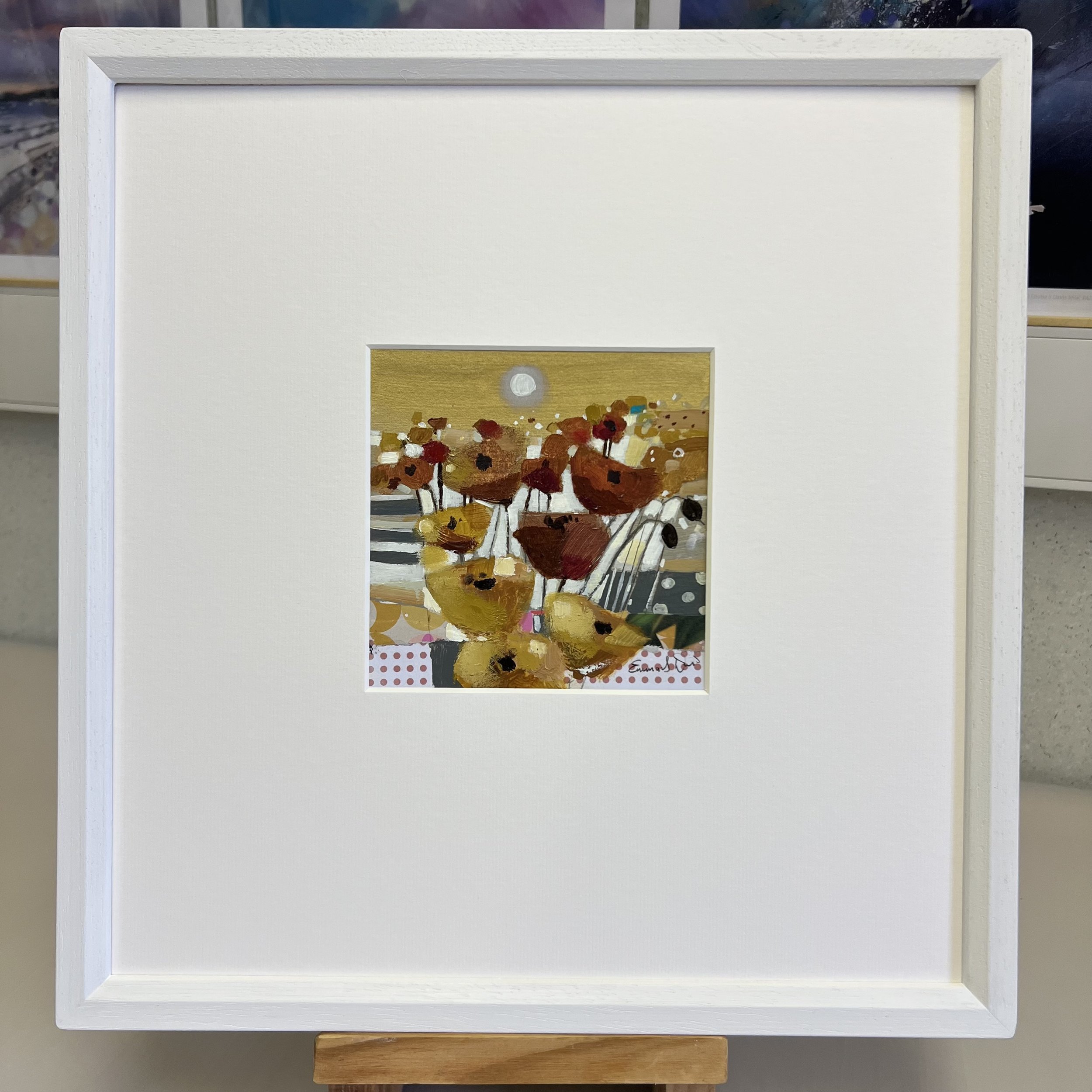 Golden by Emma S Davis Artist, an abstract small original framed painting displaying rich poppy filled fields of colour under a moonlit sky.