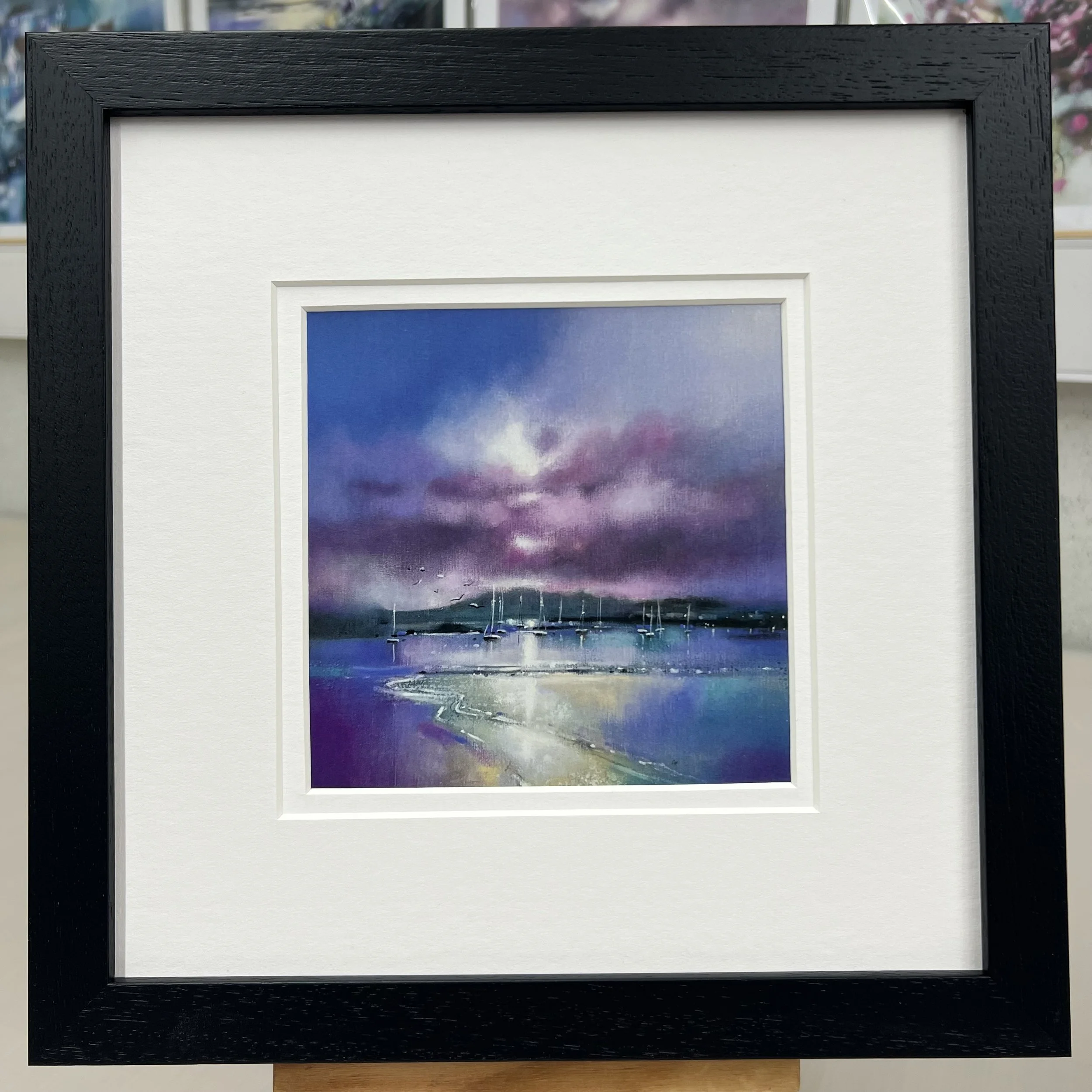 Framed Art Card Millport, Isle of Cumbrae, Arran View by Scottish Landscape Artist Emma S Davis. Black Frame Double Mount