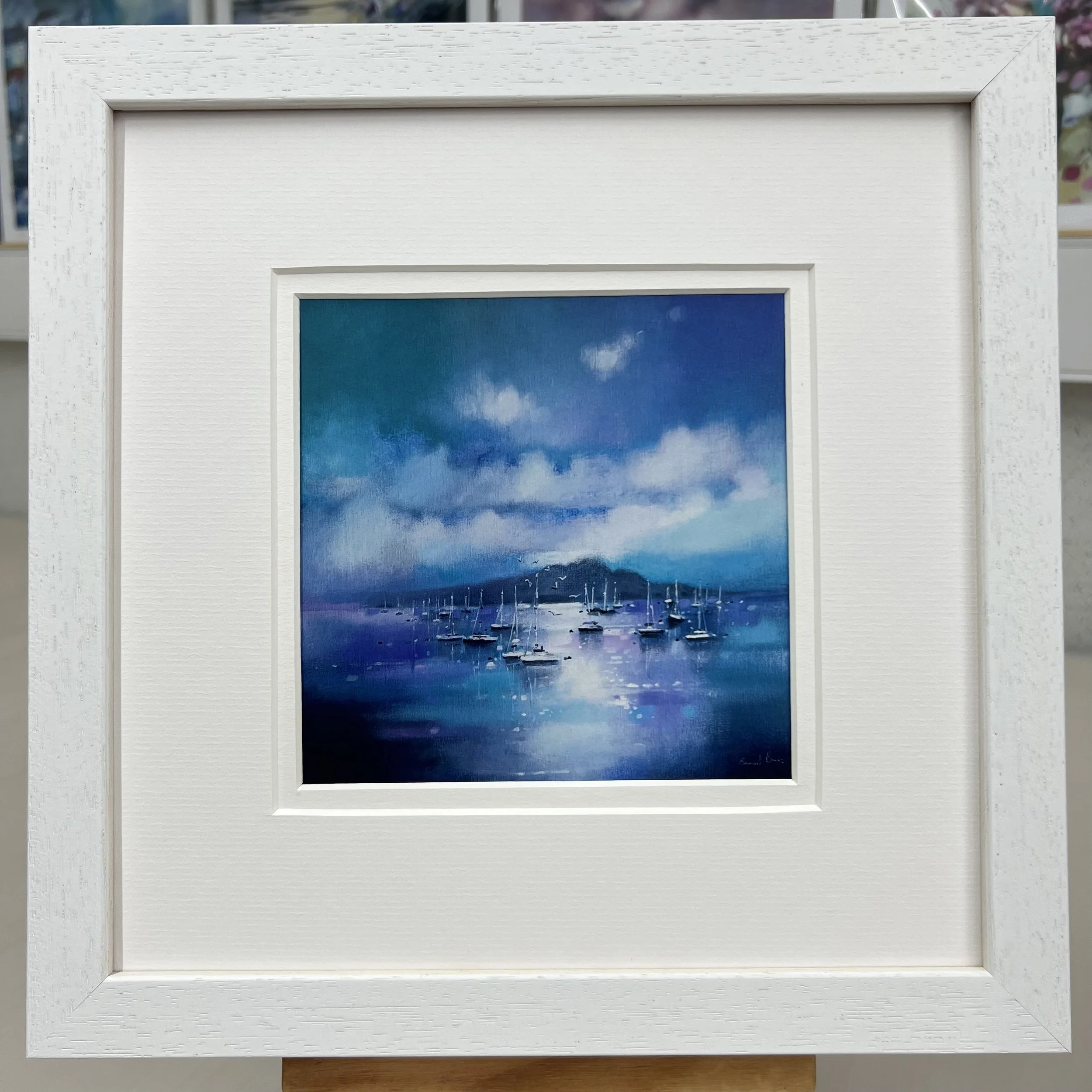 Framed Art Card Arran, Holy Isle, Lamlash Bay by Scottish Landscape Artist Emma S Davis. White Frame Double Mount