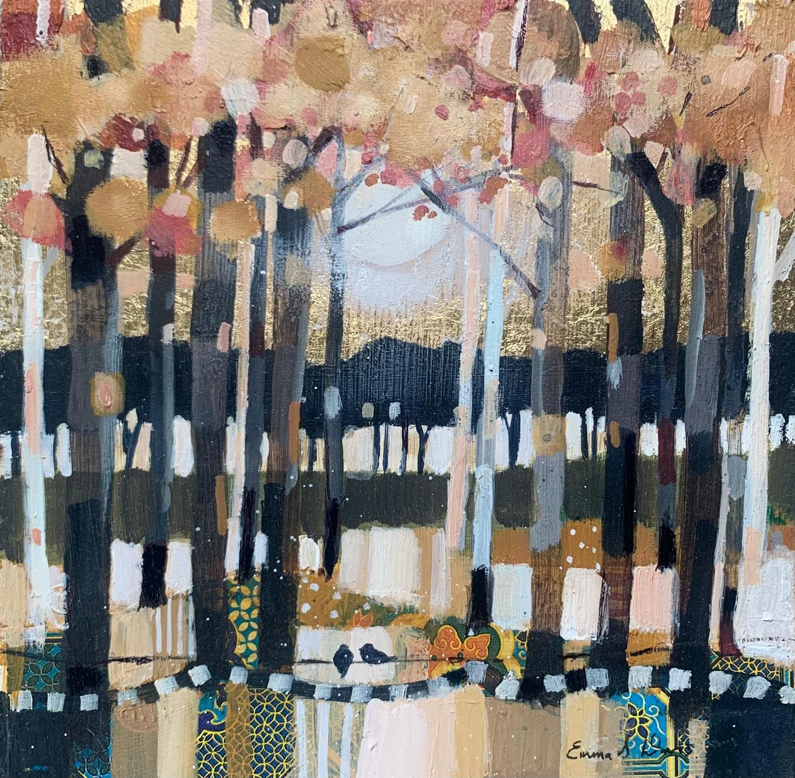 Original painting by Emma S Davis Artist shows 2 birds chattering on a fence amongst autumnal moonlit trees