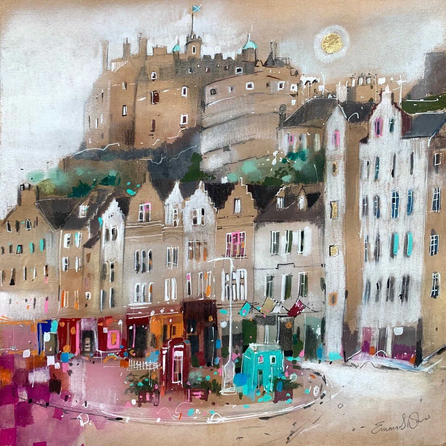Moonlight, Grassmarket, Edinburgh by Emma S Davis – original mixed media artwork featuring Edinburgh Castle above the historic Grassmarket at dusk. Close-up detail.