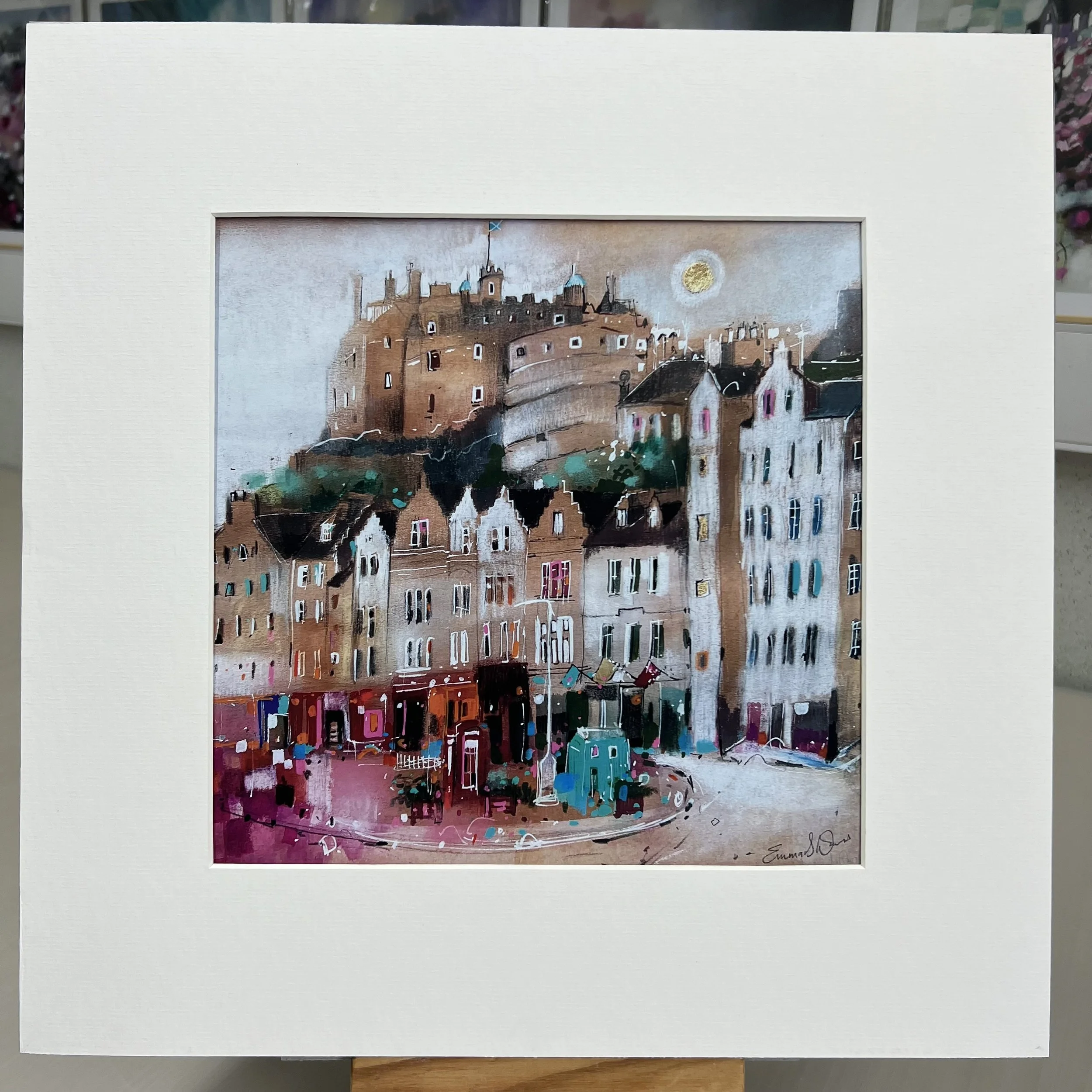 Moonlight Grassmarket Edinburgh art print featuring Edinburgh Castle overlooking the historic Grassmarket area of Edinburgh. Mounted option.