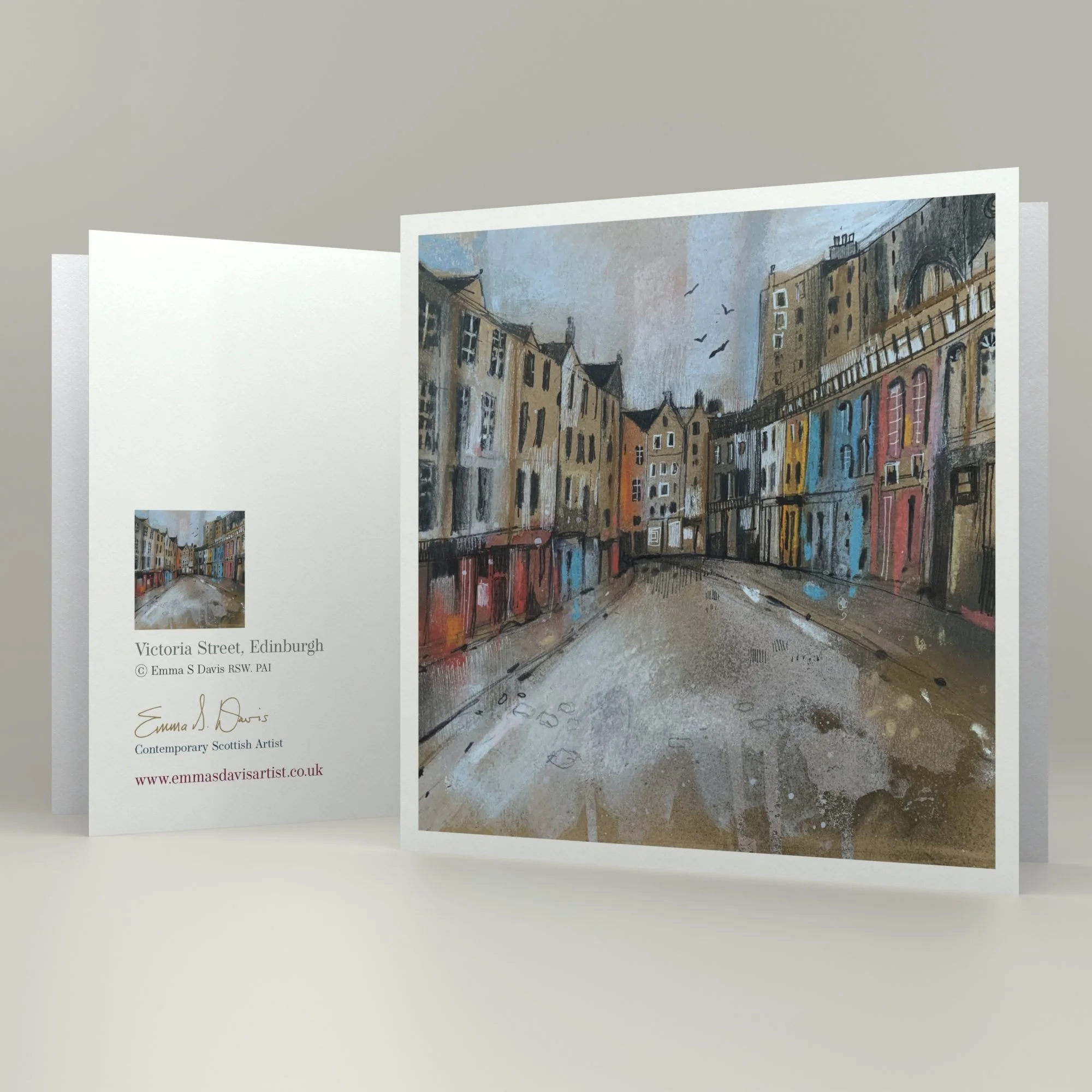 Framed card 'Victoria Street, Edinburgh'' by Emma S Davis Artist showing card detail