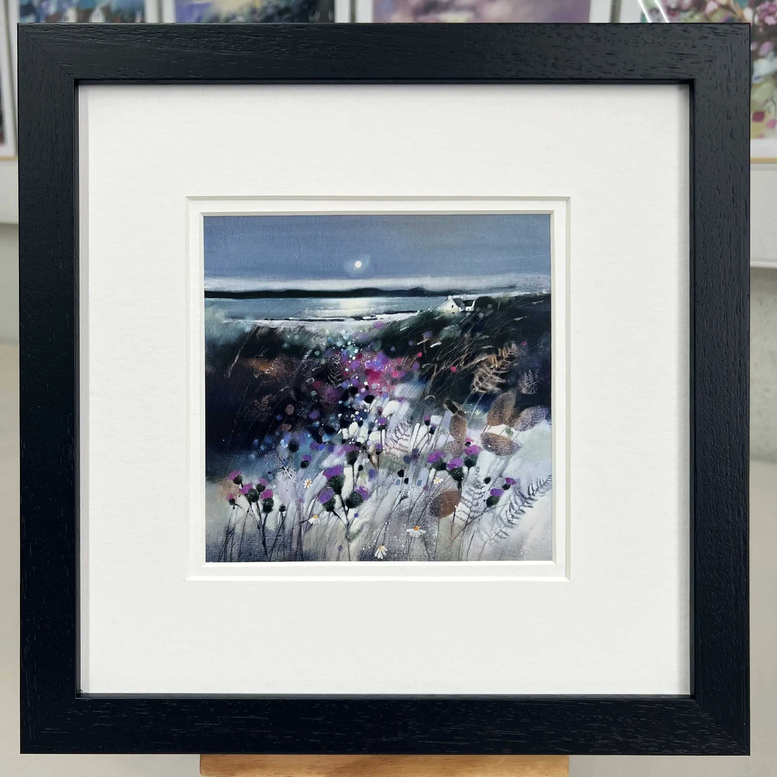 Framed Art Card Thistles, Kintyre, Isle of Gigha by Scottish Landscape Artist Emma S Davis. Black Frame Double Mount