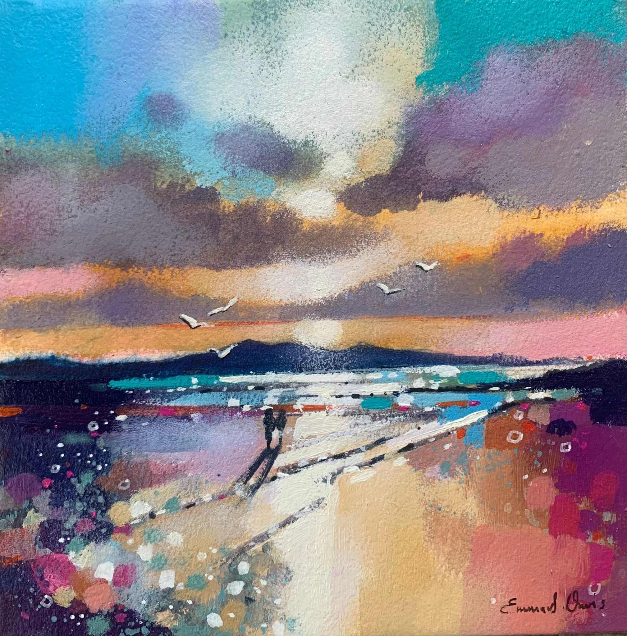 The Isle of Arran's silhouette frames couple walking along Seamill Beach in an original painting by Emma S Davis Artist