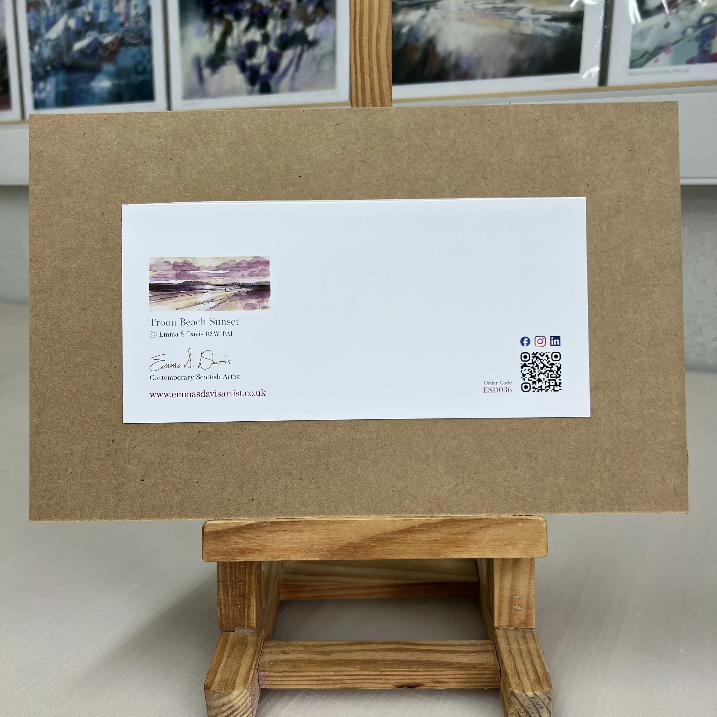 Greetings Card Arran View Troon Ayrshire by Scottish Landscape Artist Emma S Davis. Rear view of mounted option.