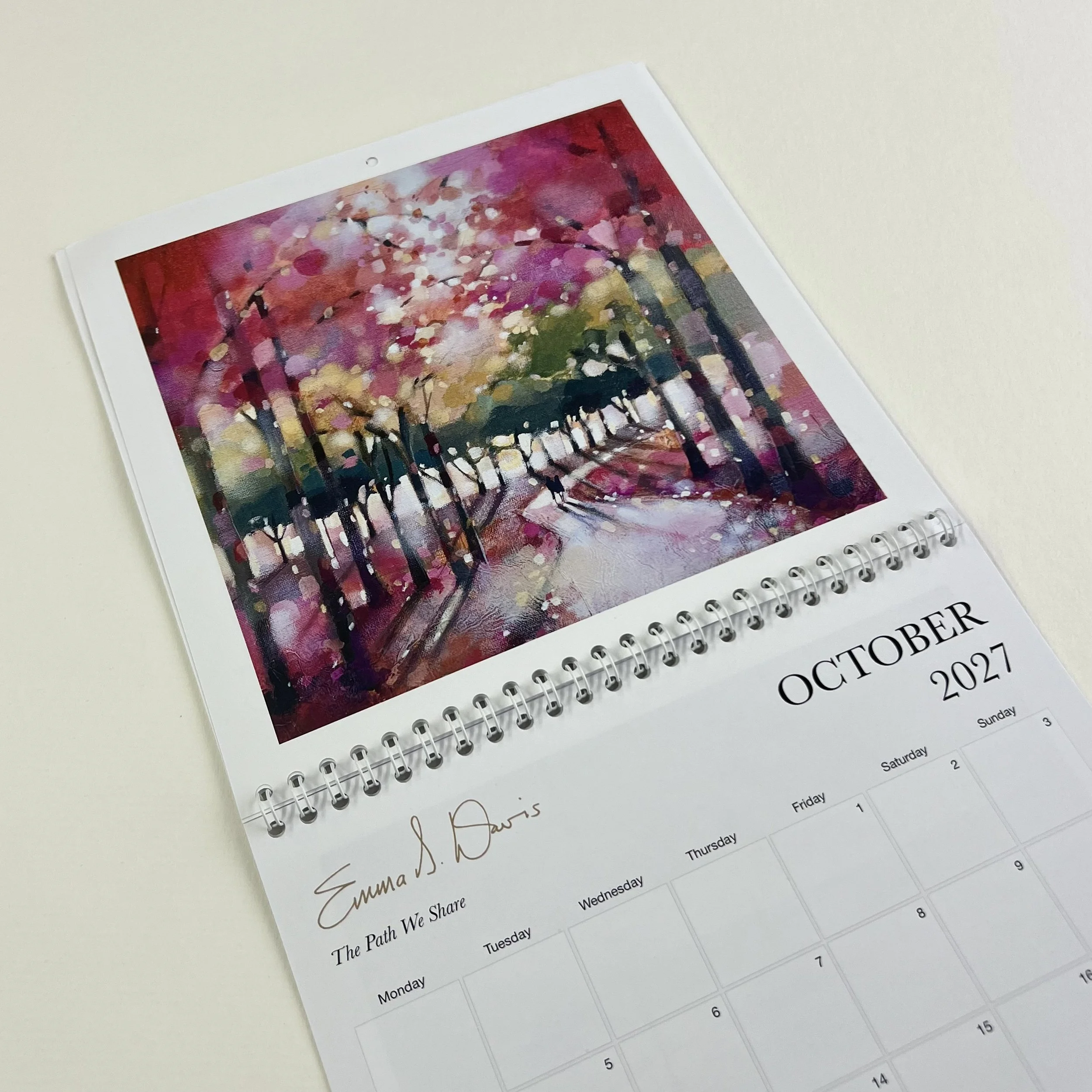 October 2027 page of Emma S Davis's Scottish Landscapes wall calendar featuring The Path We Share