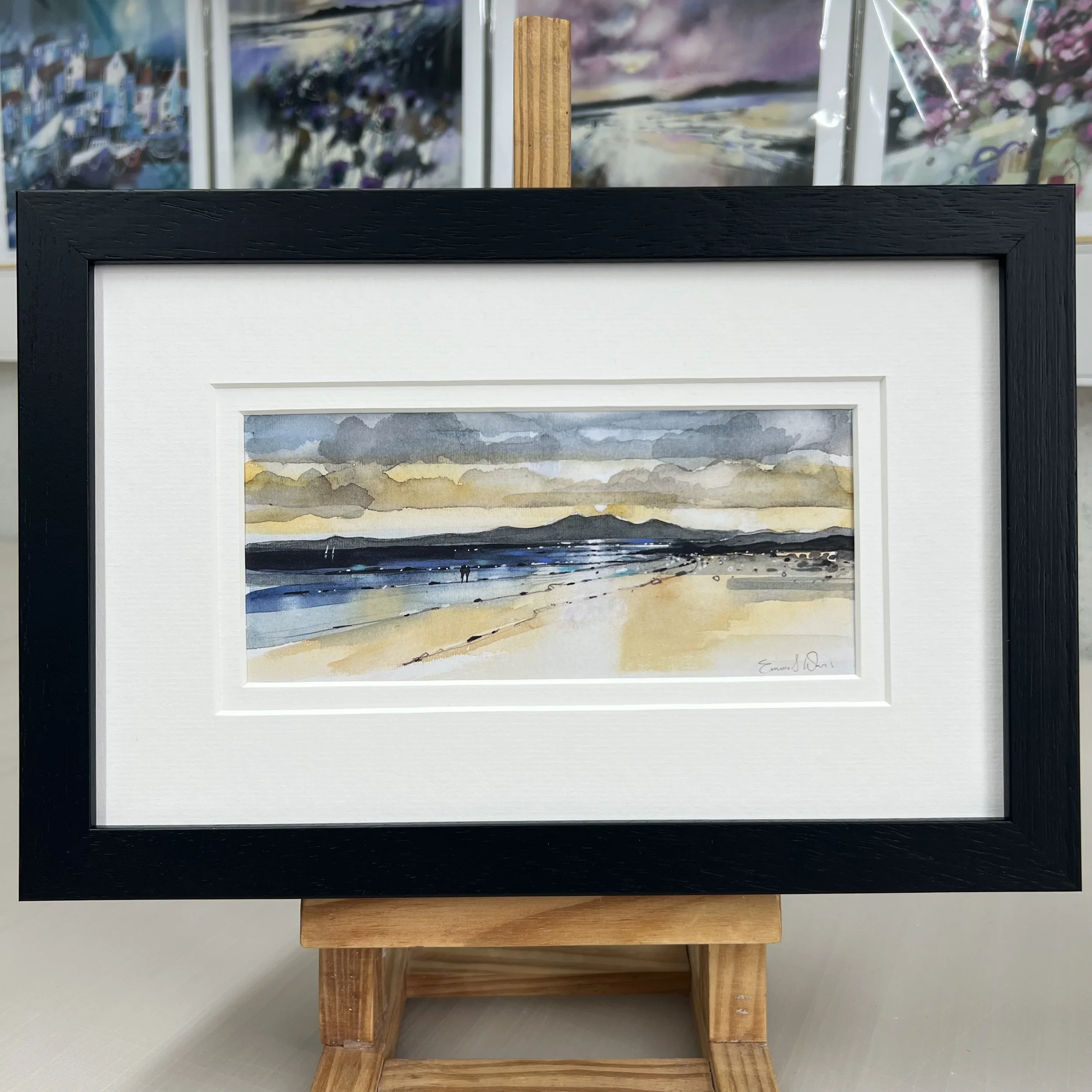Framed Art Card Isle of Arran View, Seamill, Ayrshire by Scottish Landscape Artist Emma S Davis. Black Frame Double Mount.