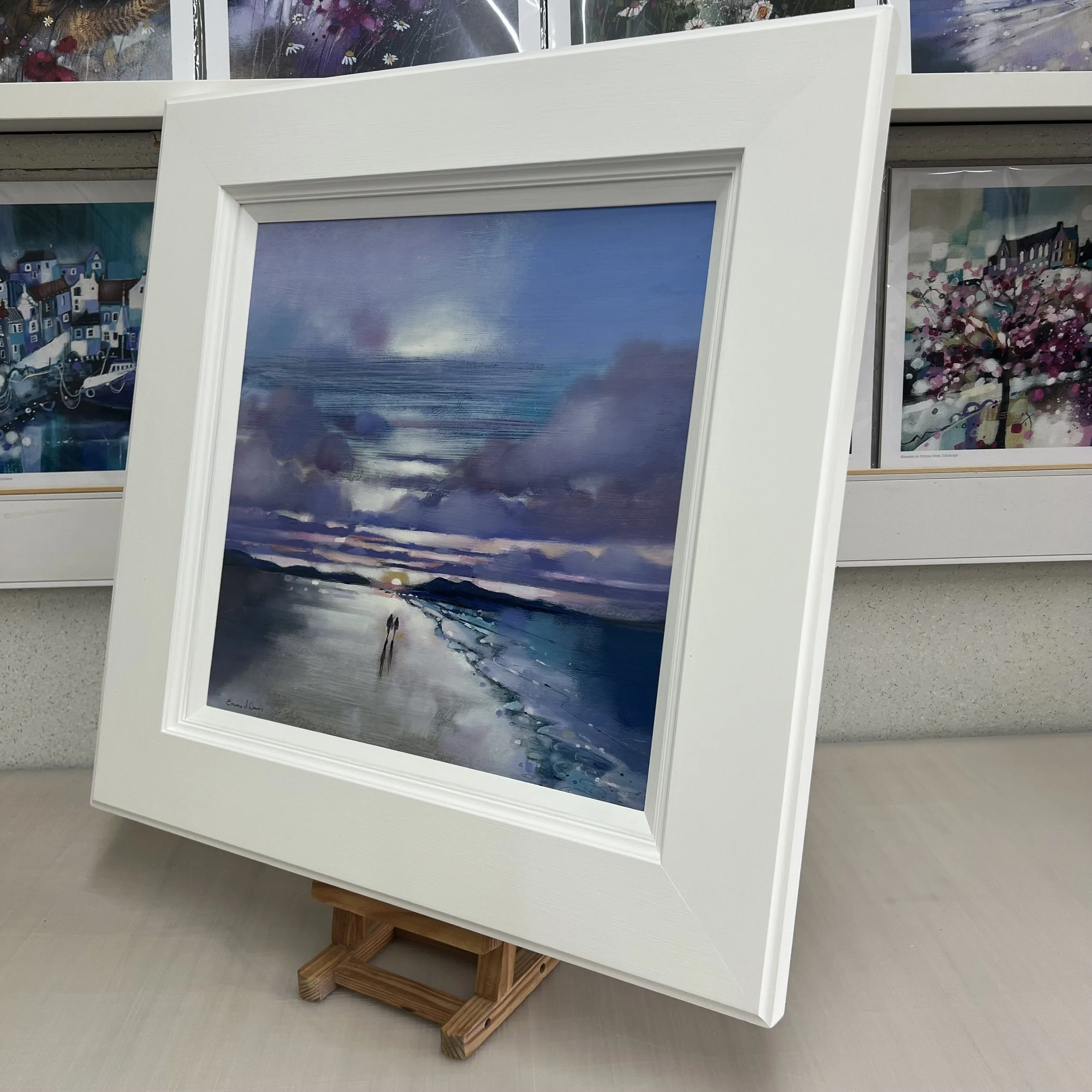 Original oil painting of a couple walking along Luskentyre Beach on the Isle of Harris in the Outer Hebrides at sunset by Scottish artist Emma S Davis. Alternate view.