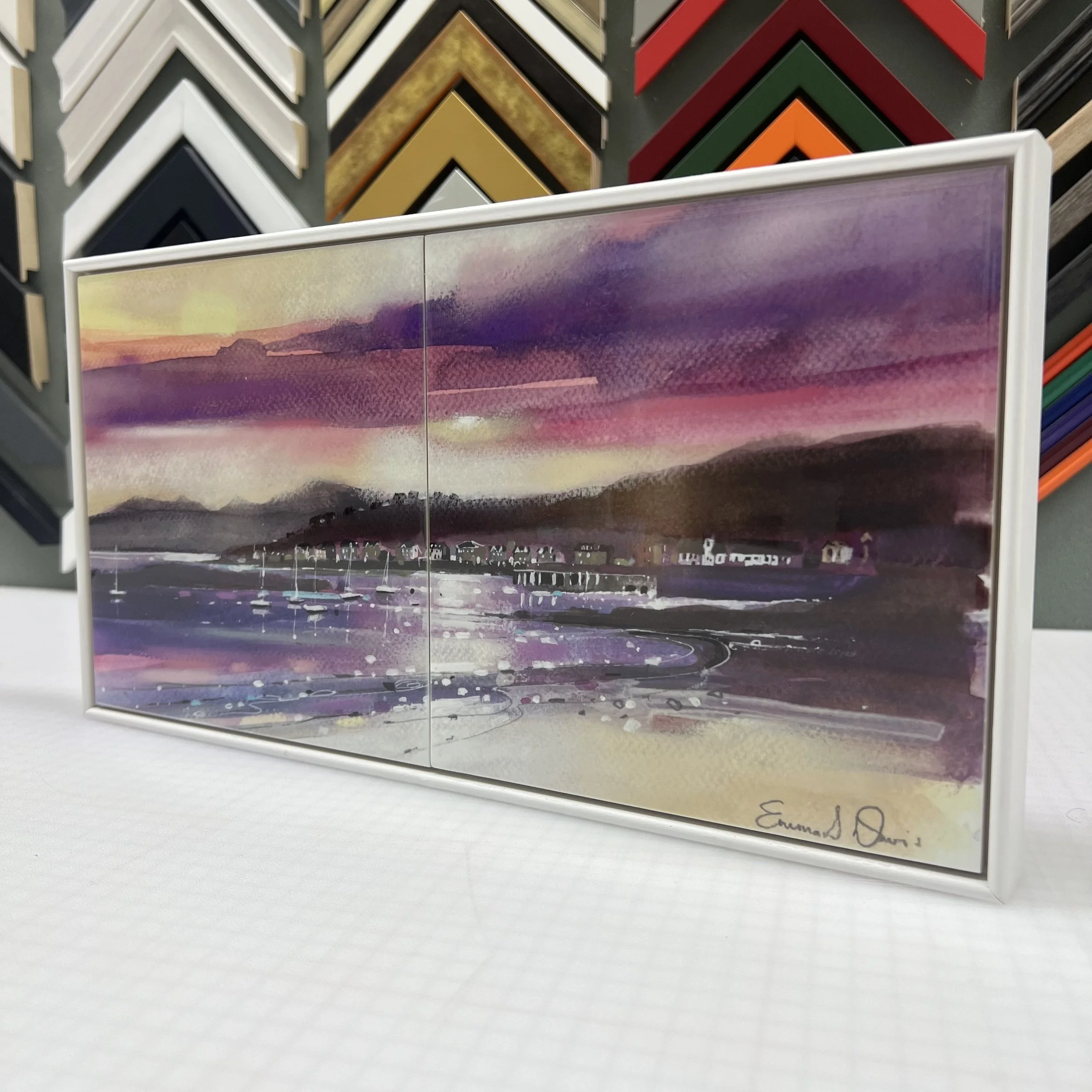 Art Print of Arran View Ceramic Tile of Millport West Bay Cumbrae by Scottish Landscape Artist Emma S Davis. Angled view.