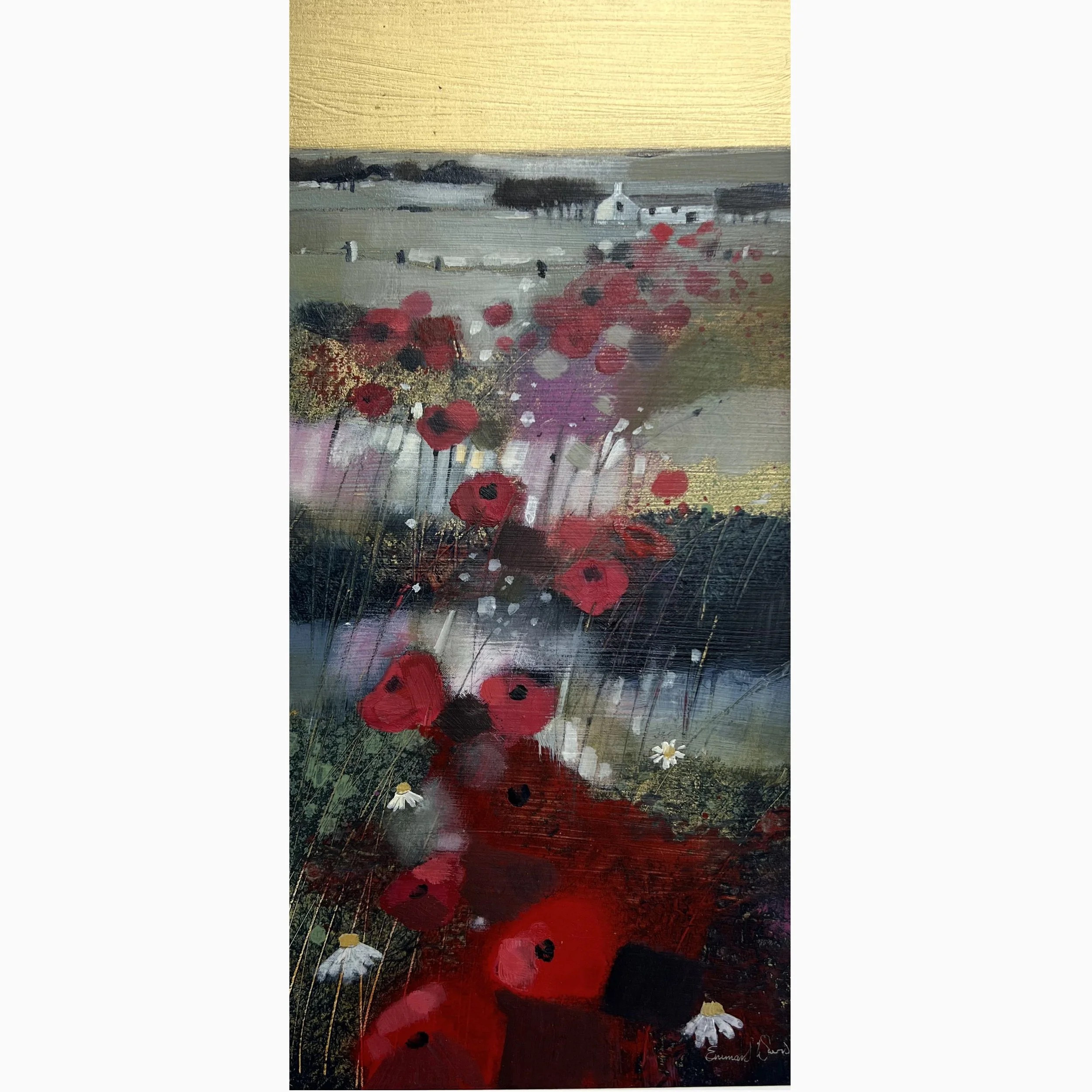 Original East Neuk landscape painting featuring red poppies, a traditional cottage and golden countryside in Fife by Emma S Davis