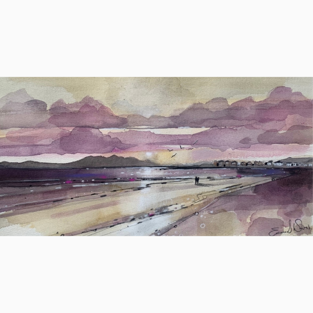 The view from Troon beach looking towards the Isle of Arran, Scotland depicted beautifully in Emma S Davis Artist's art greeting card. Close-up view.