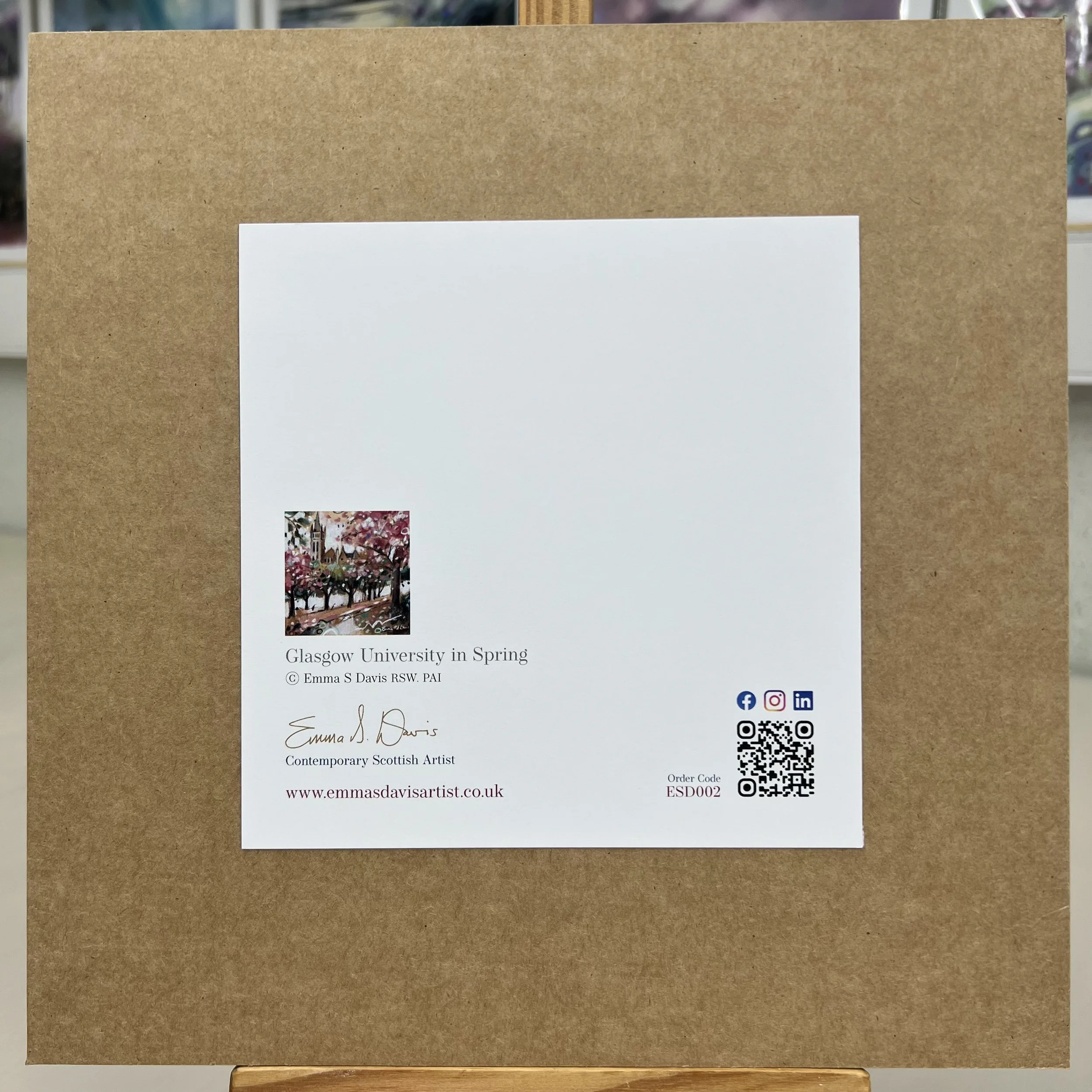 Greetings Card Glasgow University in Spring by Scottish Landscape Artist Emma S Davis. Mounted option rear view.