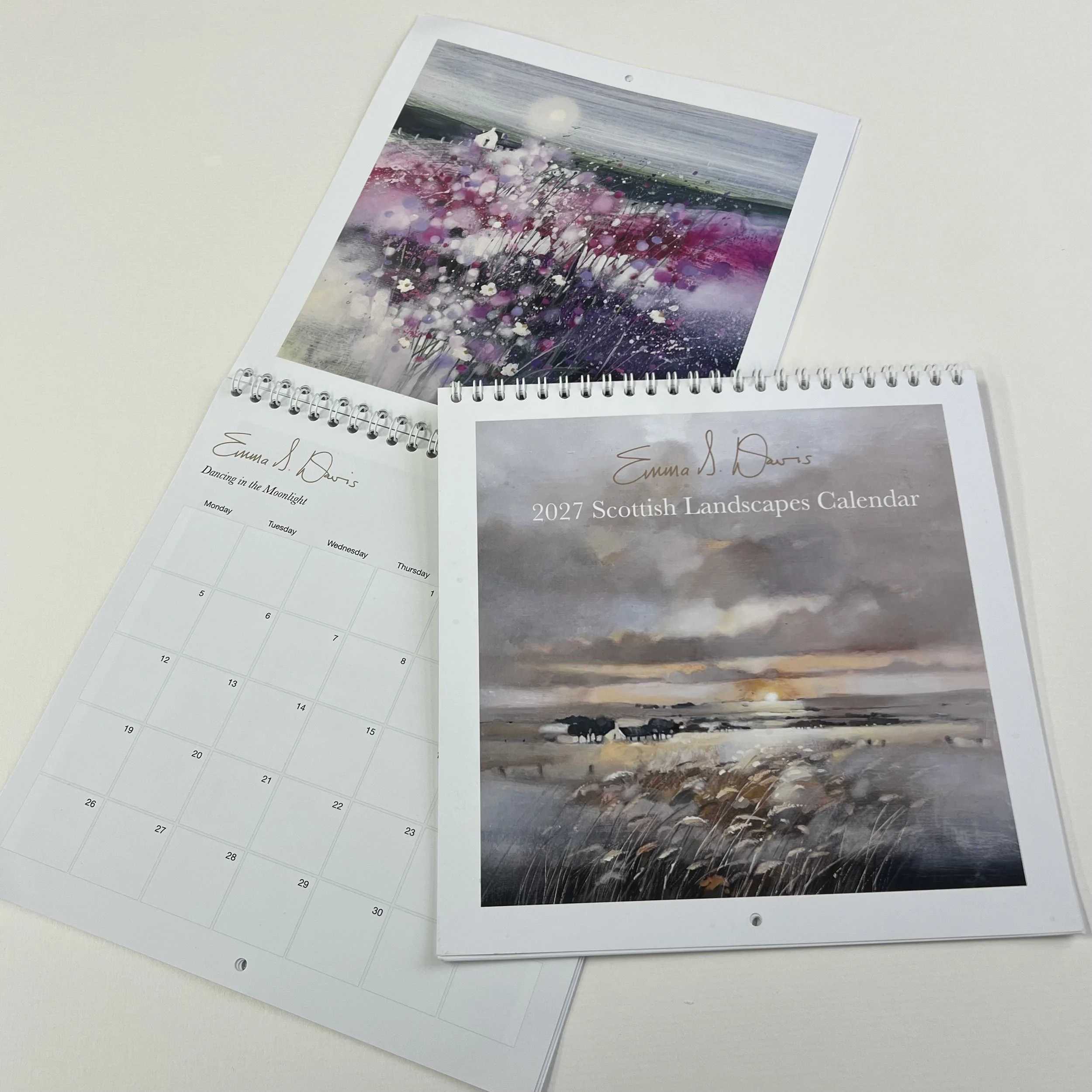 Emma S Davis 2027 Scottish Landscapes Calendar showing the front cover alongside the open April calendar page.