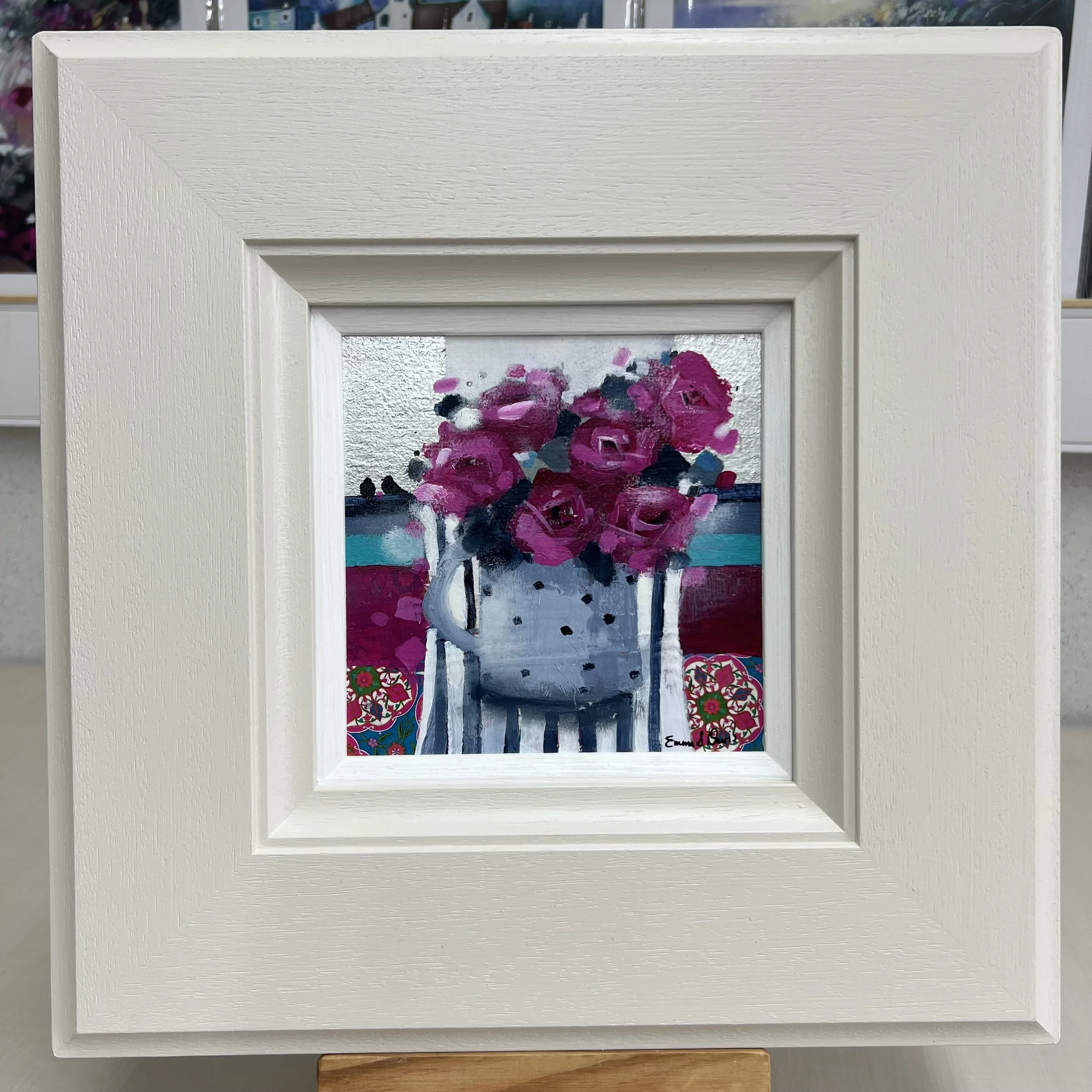 Framed original bright pink rose painting Forever My Love by Emma S Davis