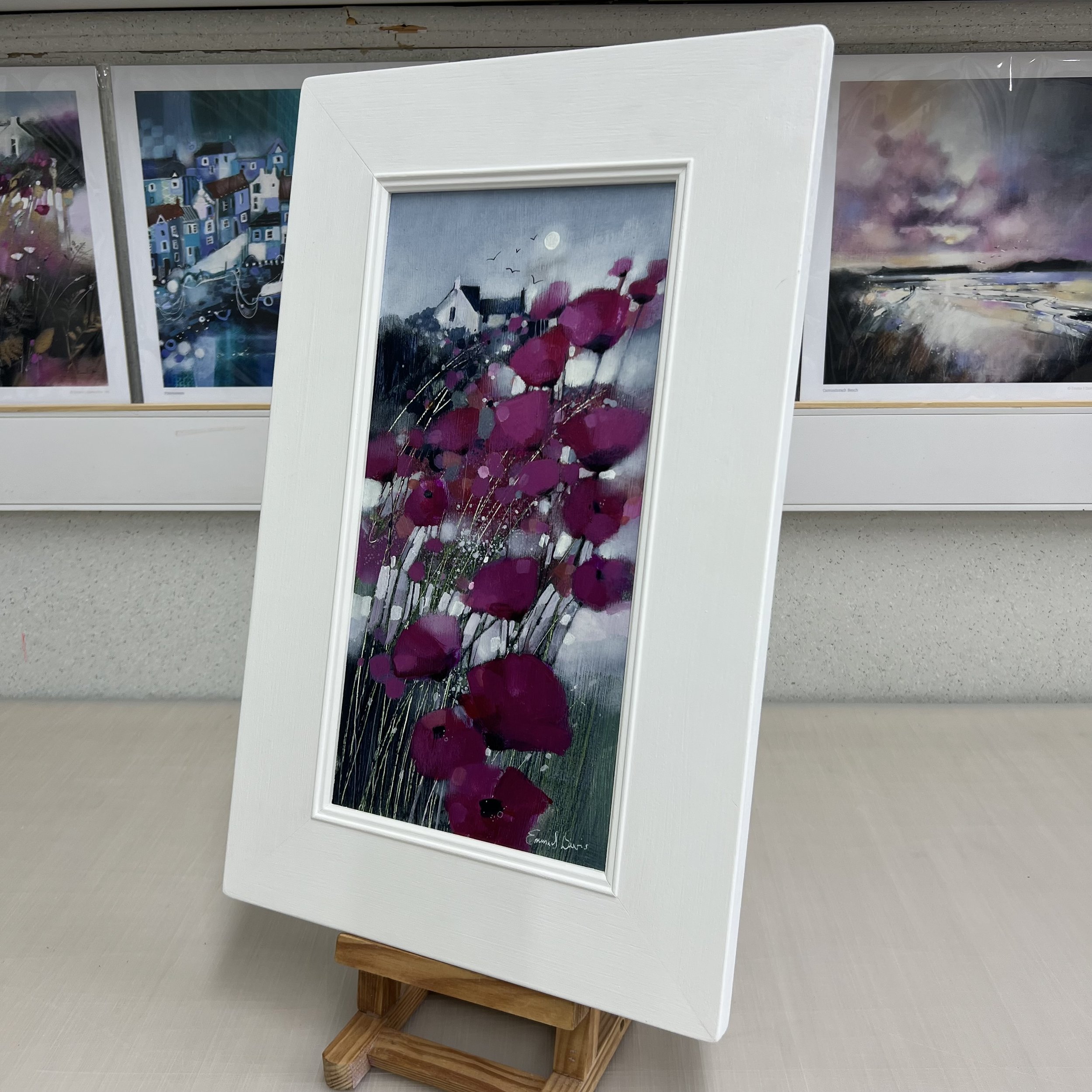Framed original poppy landscape painting To the Moon and Then Some by Emma S Davis. Alternate view.