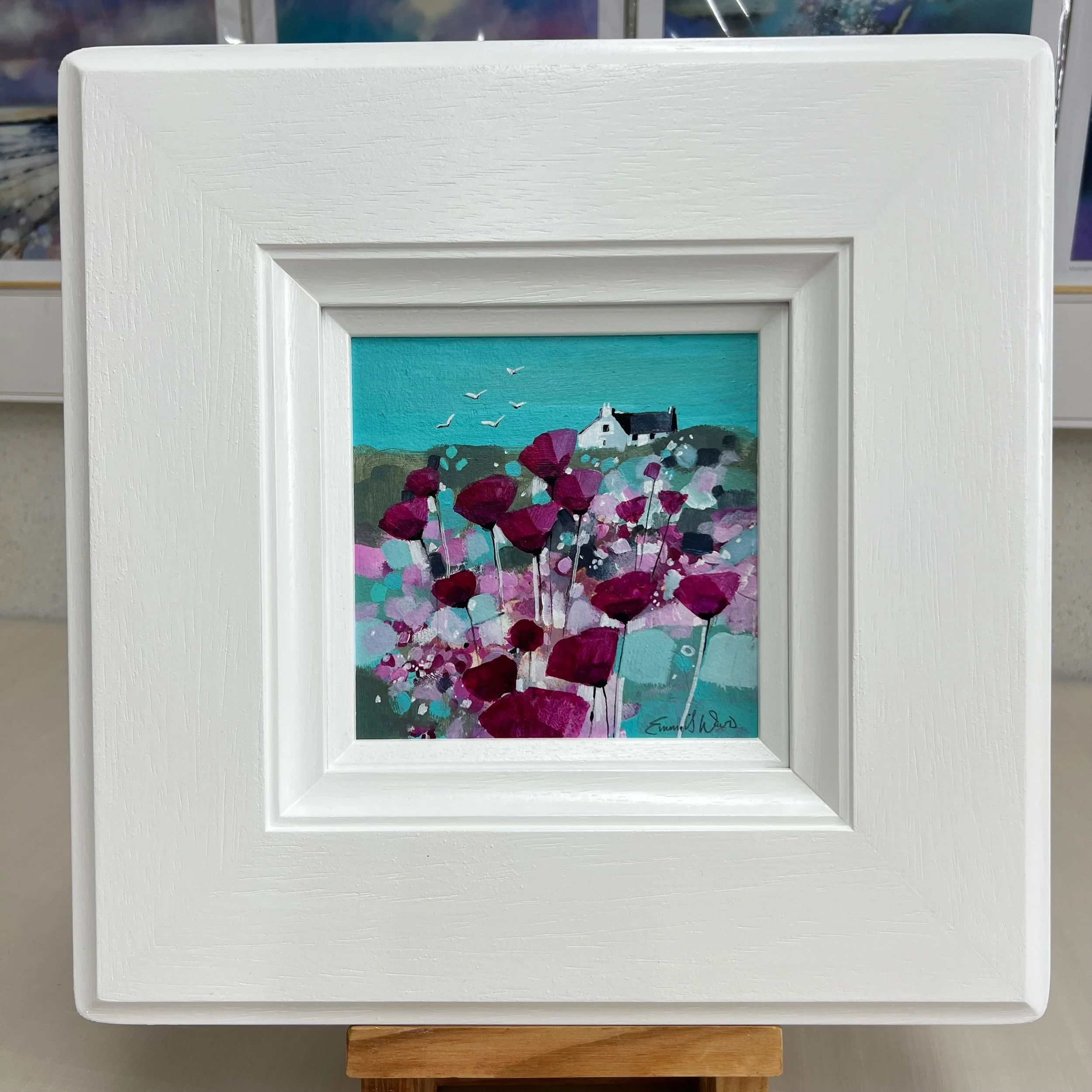 'Together Flying High' - a colourful abstract landscape in this original small oil painting in white frame by Emma S Davis Artist - front view