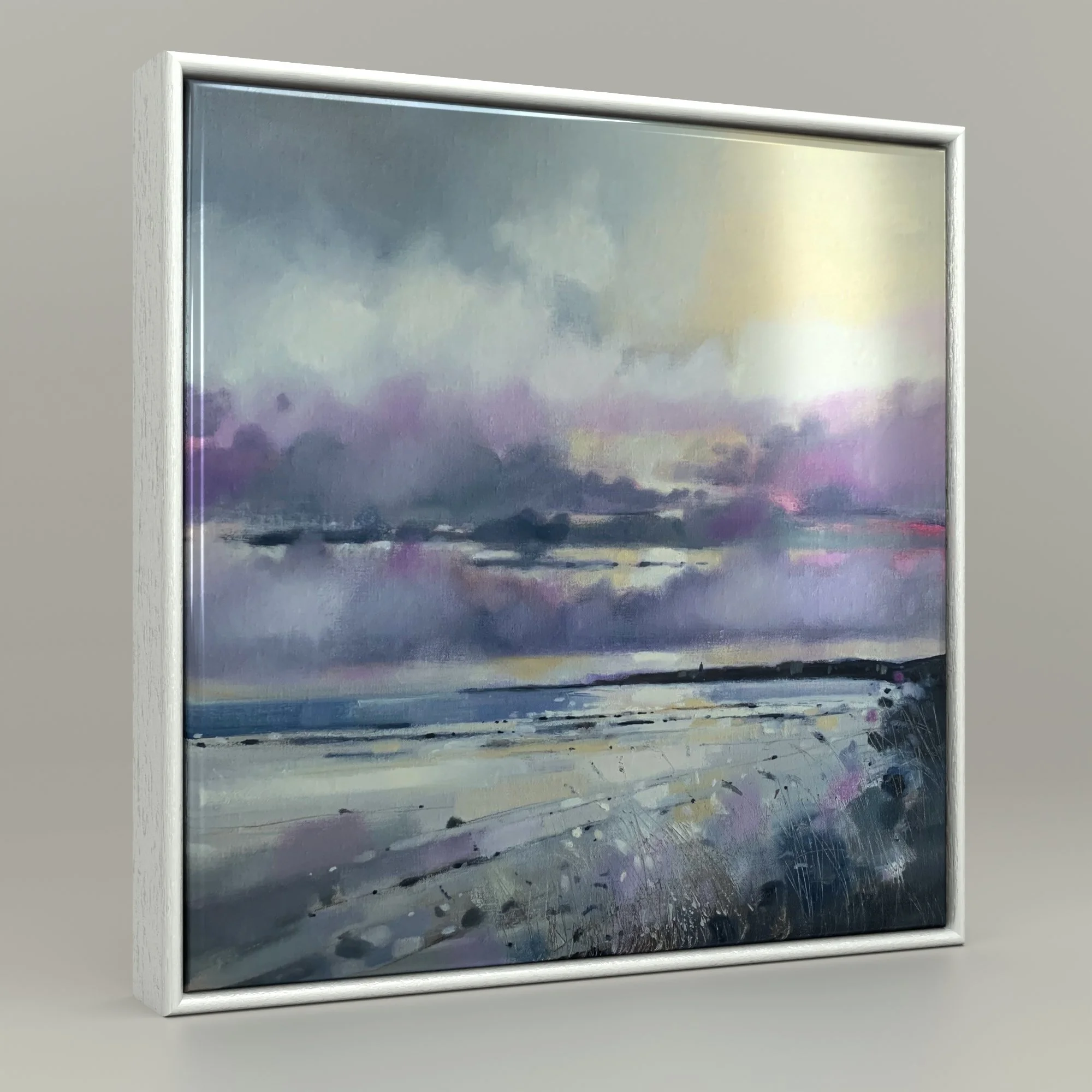 Framed ceramic tile art print of Sunrise, West Sands, St Andrews by Emma S Davis Artist. Capturing the essence of the Scottish landscape.