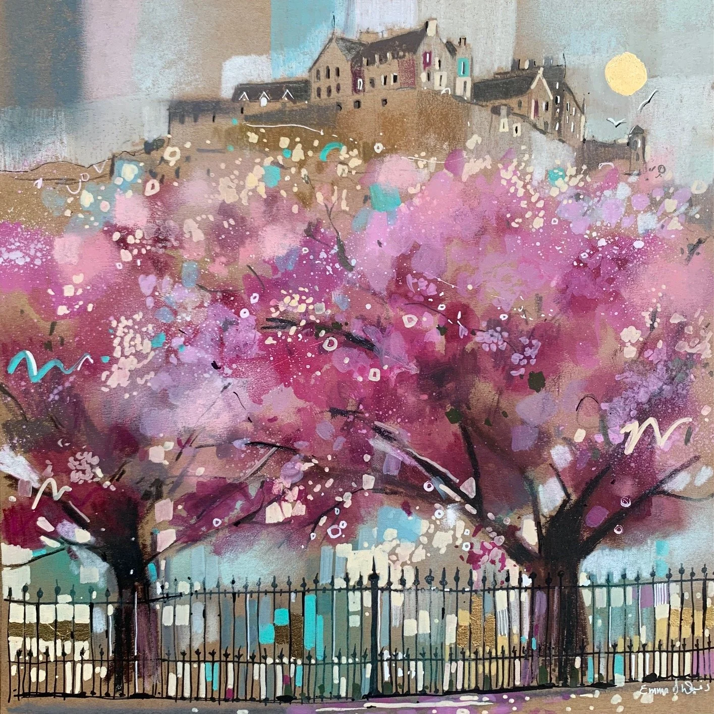 Edinburgh in Bloom by Emma S Davis – original mixed media artwork of Edinburgh Castle overlooking blossom trees in Princes Street Gardens. Close-up detail.