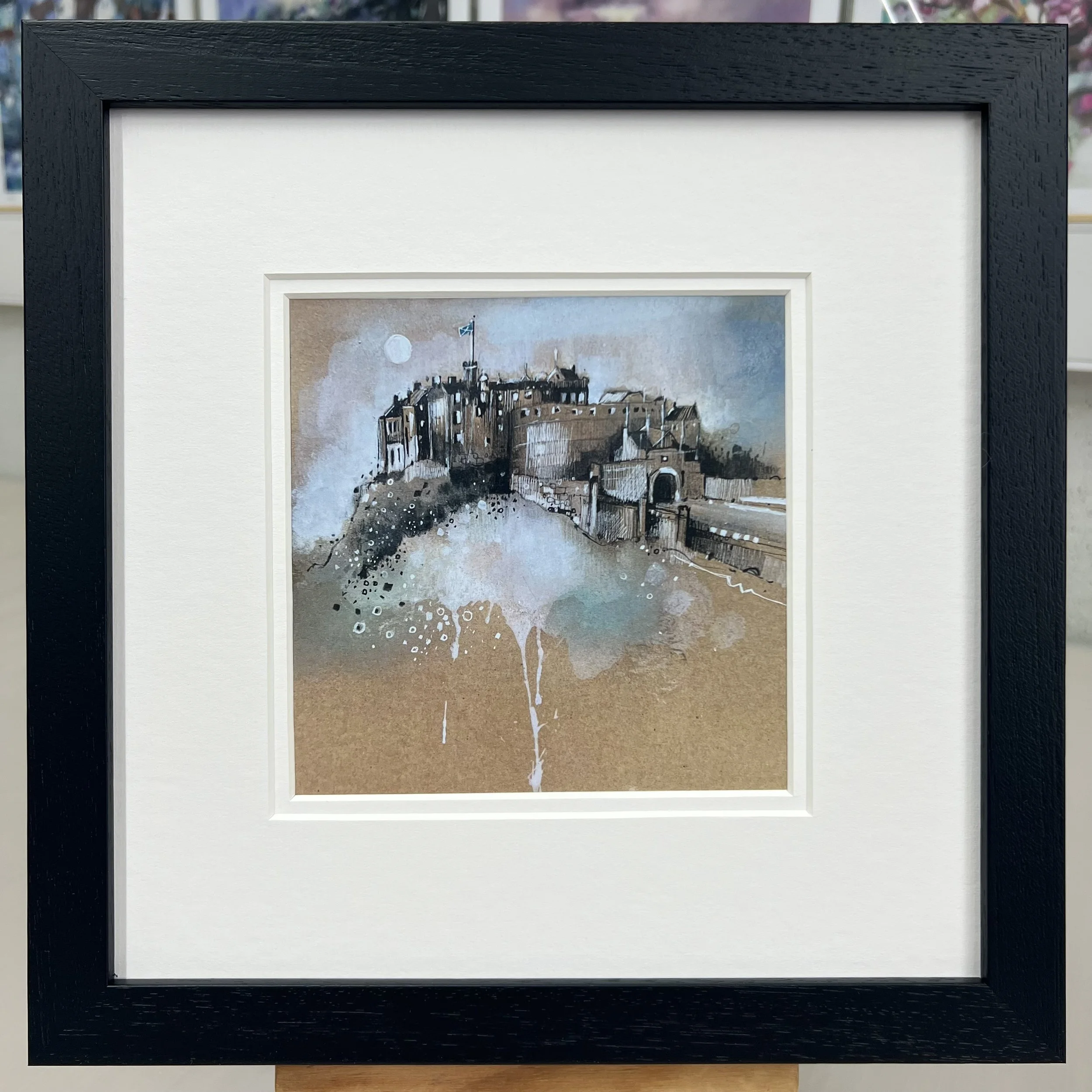 Framed Art Card Edinburgh Castle & Saltire Flag by Scottish Landscape Artist Emma S Davis. Black Frame Double Mount